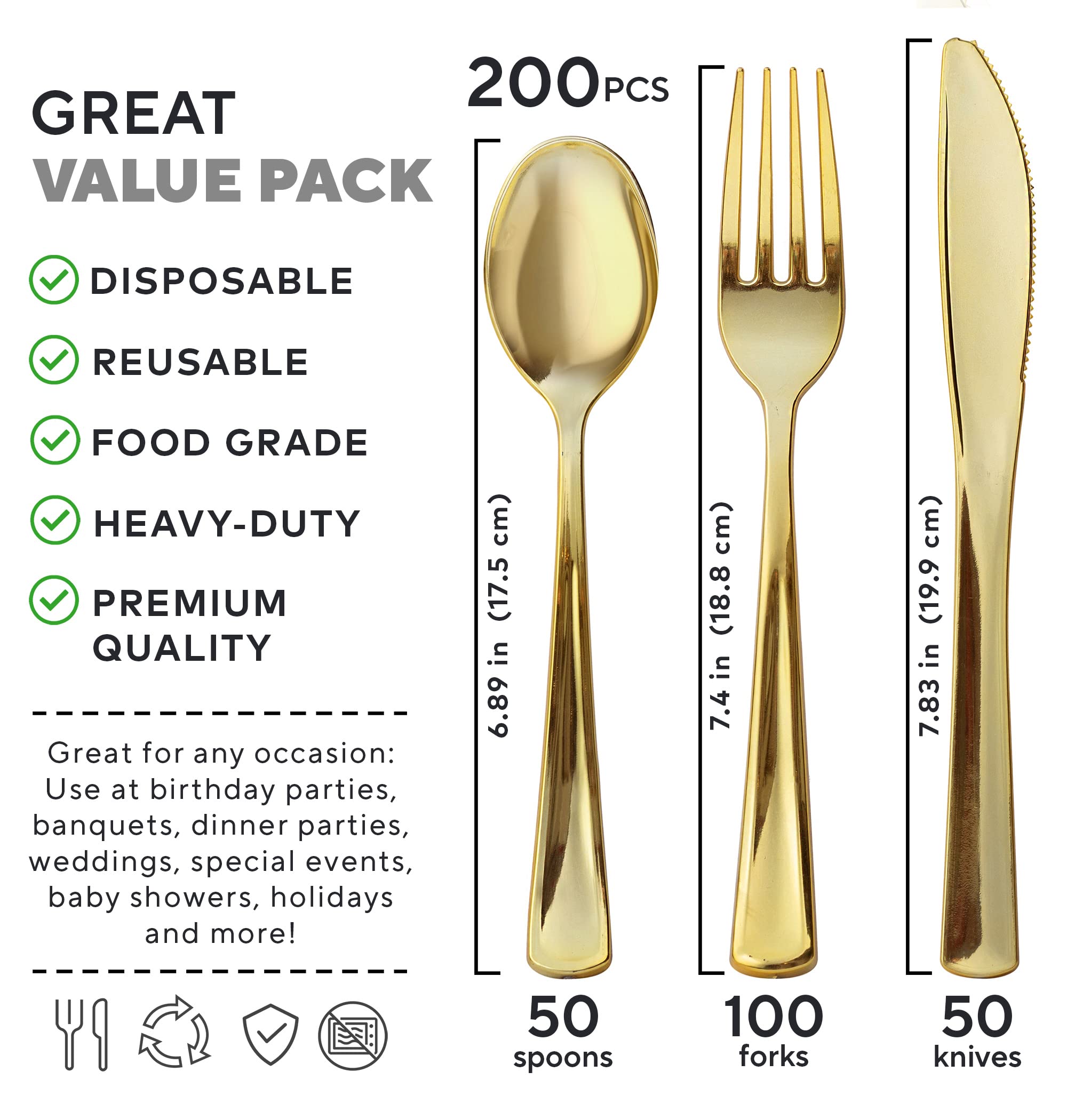 200-Piece Premium Heavy-Duty Gold Plastic Cutlery Set - 100 Forks, 50 Spoons & 50 Knives - BPA-Free Disposable & Reusable Utensils for Parties, Picnics, Weddings & Catering Events (Gold)