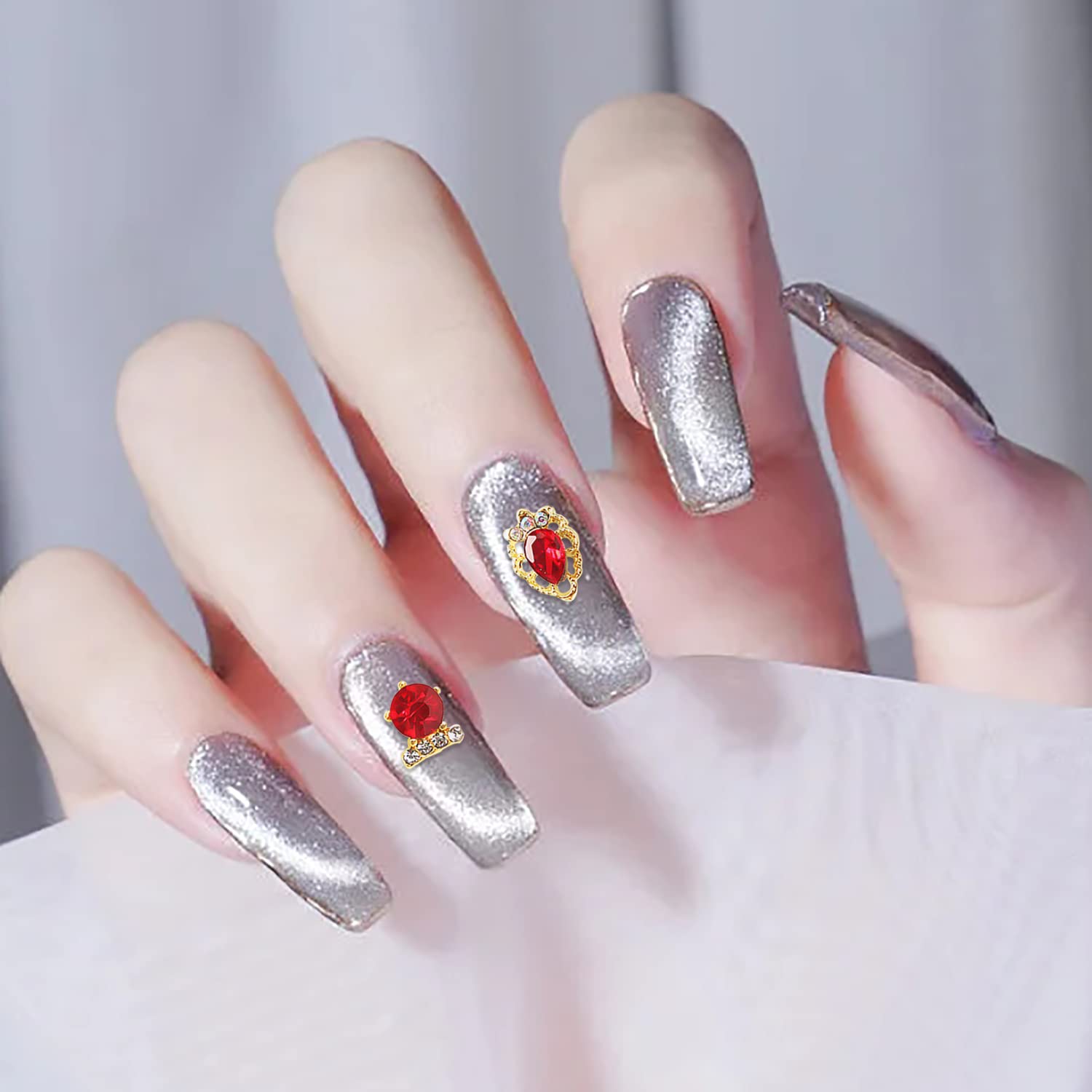 30pcs 3D Gold Alloy Nail Charms with Red Rhinestones - Crystal Nail Gems for Acrylic Nails, DIY Nail Art Decorations - Perfect for Bridal, Party, and Salon Nail Designs