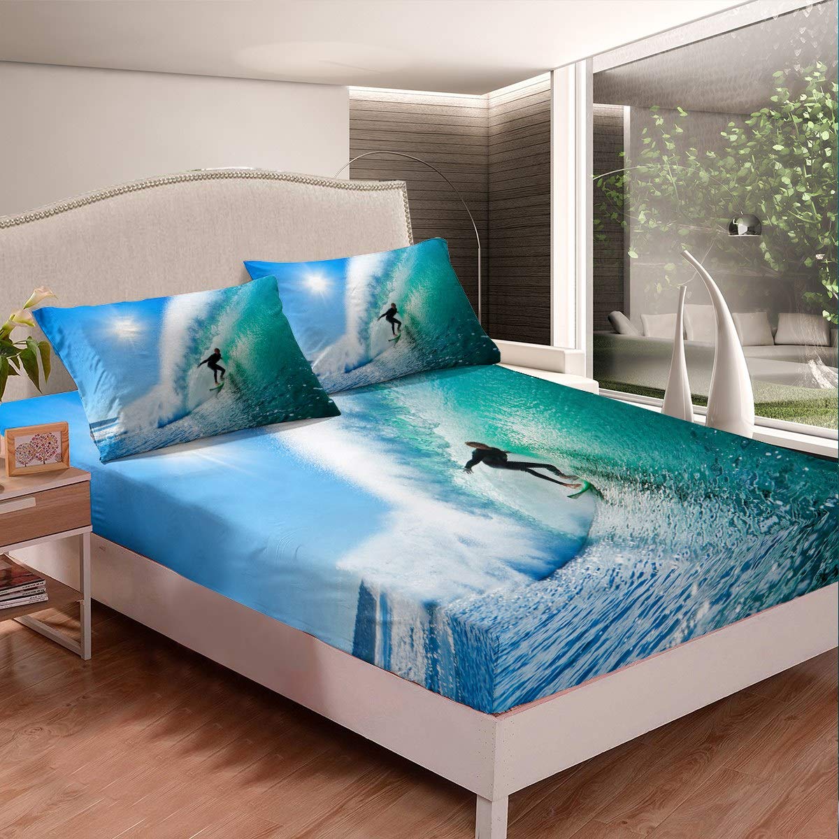 Extreme Sports Design Cool Style Bed Sheet Set - Surfing Themed Lightweight Fitted Sheet for Kids, Boys, Girls & Teens - Blue Sea Print Queen Size Bedding - Perfect for Summer, Beach Themed Rooms & Teen Bedrooms