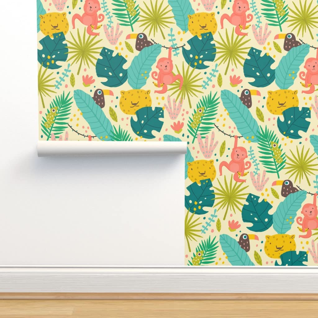 Premium Commercial Grade Jungle Animal Wallpaper - 27ft x 2ft Tropical Safari Nursery Decor with Leaves & Monkeys | Gender Neutral Traditional Wall Covering by Spoonflower | Perfect for Kids' Rooms, Playrooms & Wildlife Themed Spaces