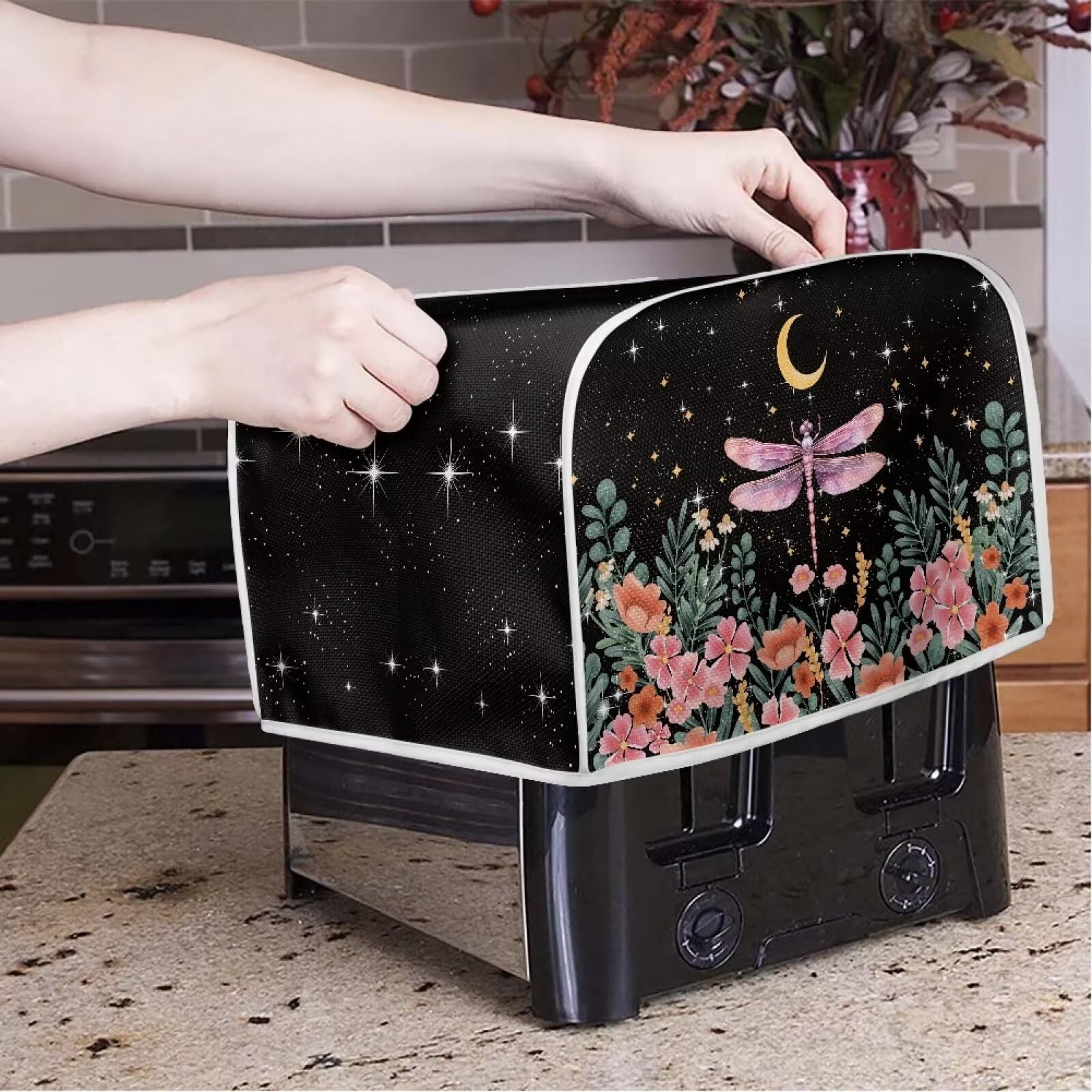 Dragonfly Moon Toaster Cover - Waterproof Fingerprint-Resistant Bread Toaster Protector | Compatible with Most 4-Slice Toasters | Perfect for Kitchen, Breakfast Nook & Small Appliance Protection