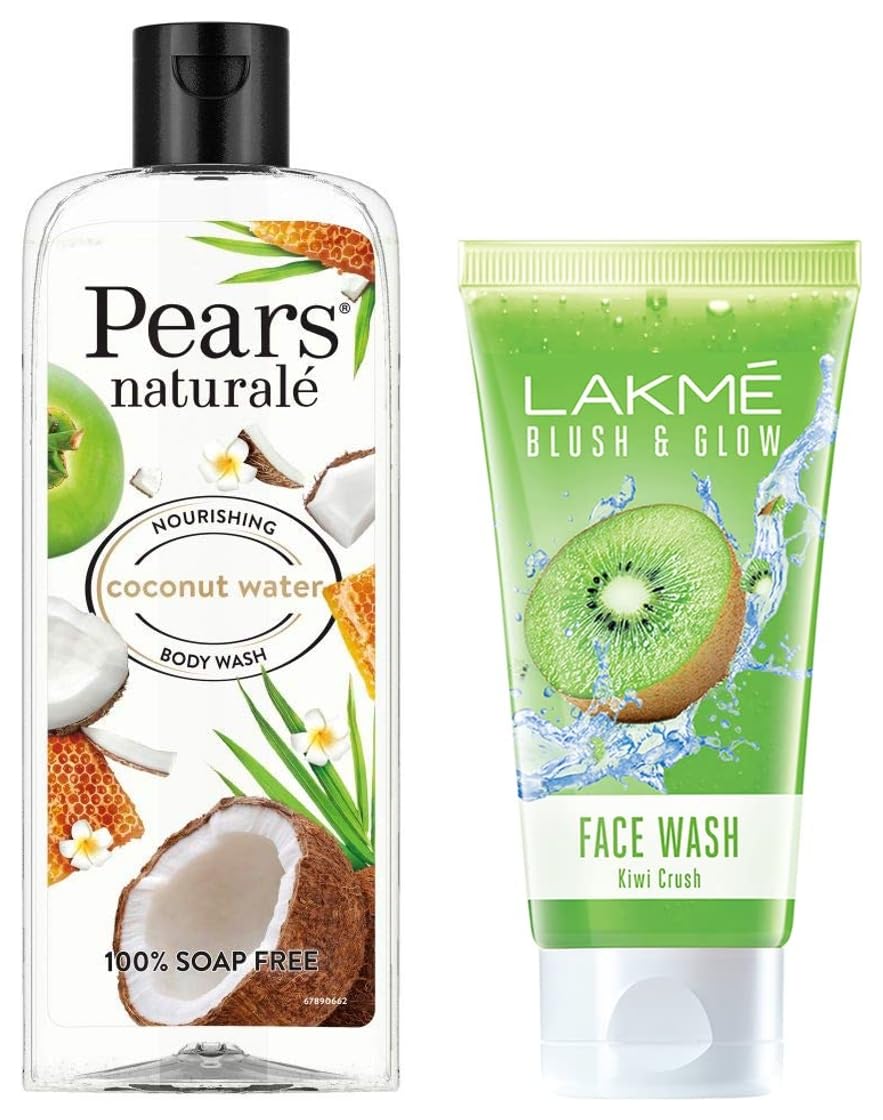 Lakmé Blush and Glow Kiwi Freshness Gel Face Wash with Kiwi Extracts - 100g | Pears Naturale Nourishing Coconut Water Body Wash - 250ml | Gentle Cleansing for Glowing Skin & Hydrated Body | Perfect for Daily Skincare Routine & Refreshing Shower Experience