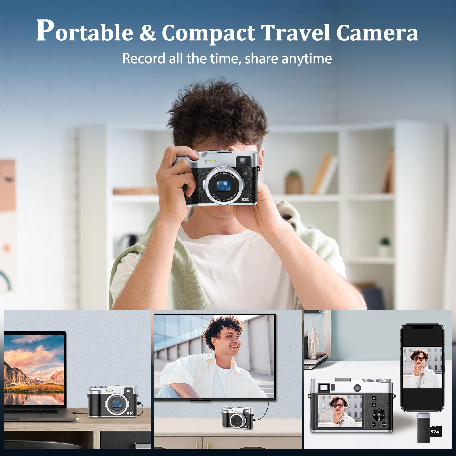 5K Digital Camera for Photography & Video - 48MP Autofocus Vlogging Camera with Anti-Shake, Flash & Viewfinder | 16X Digital Zoom Compact Travel Camera | Includes 32GB Card & 2 Batteries | Perfect for Travel, Vlogging, Selfies & YouTube Content Creation