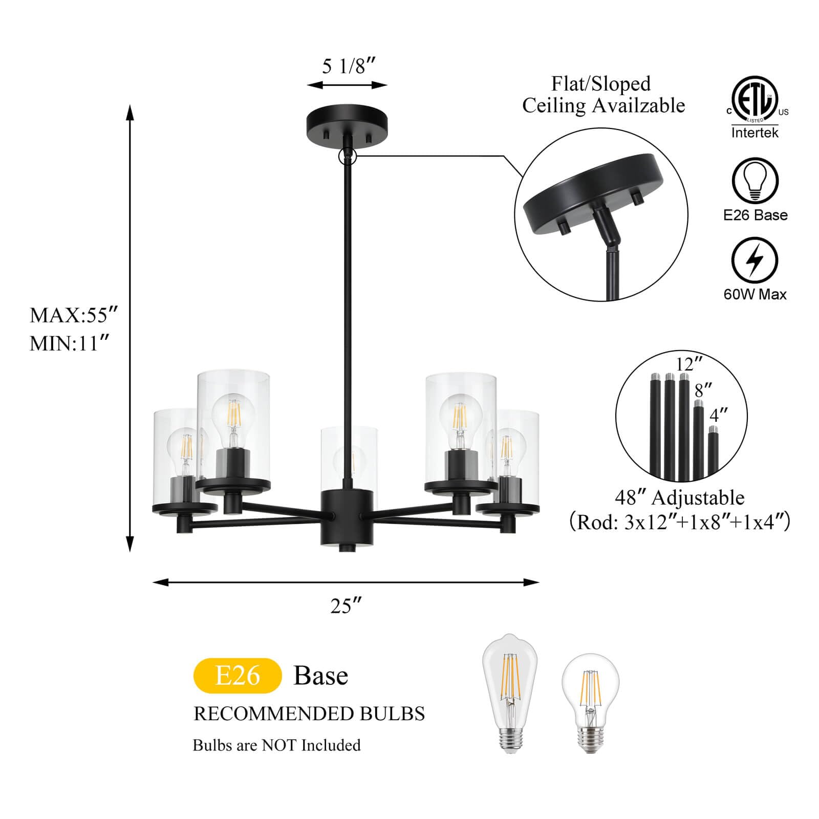 Modern 5-Light Black Adjustable Chandelier with Glass Shades - XiNBEi Lighting XB-C1240-5-MB for Dining Room, Kitchen Island, Foyer & Contemporary Home Decor