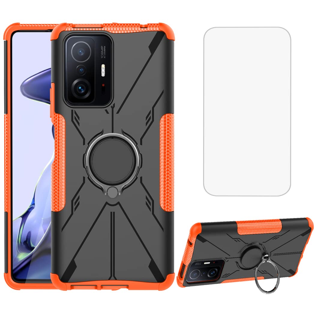Shockproof Phone Case for Xiaomi Mi 11T 5G/Mi 11T Pro 5G (21081111RG) with Tempered Glass Screen Protector & Metal Ring Holder Kickstand - Durable Protective Cover (Orange) - Perfect for Daily Use, Travel, and Outdoor Activities