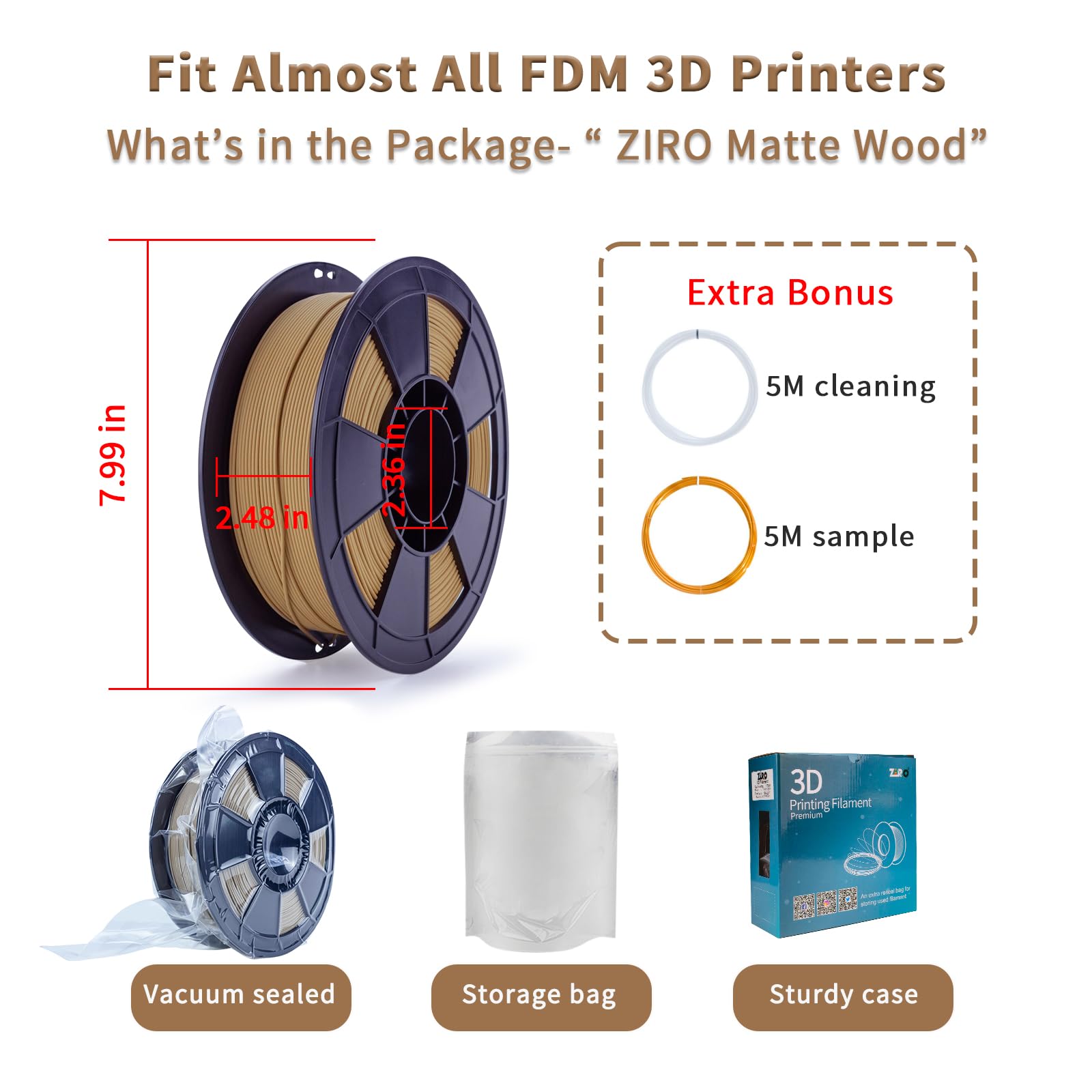 ZIRO Matte PLA Filament 1.75mm 1KG Spool - High Toughness 3D Printer Filament with +/- 0.03mm Dimensional Accuracy - Matte Wood Finish PLA for Smooth Printing - Perfect for Miniatures, Cosplay Props & Home Decor Projects