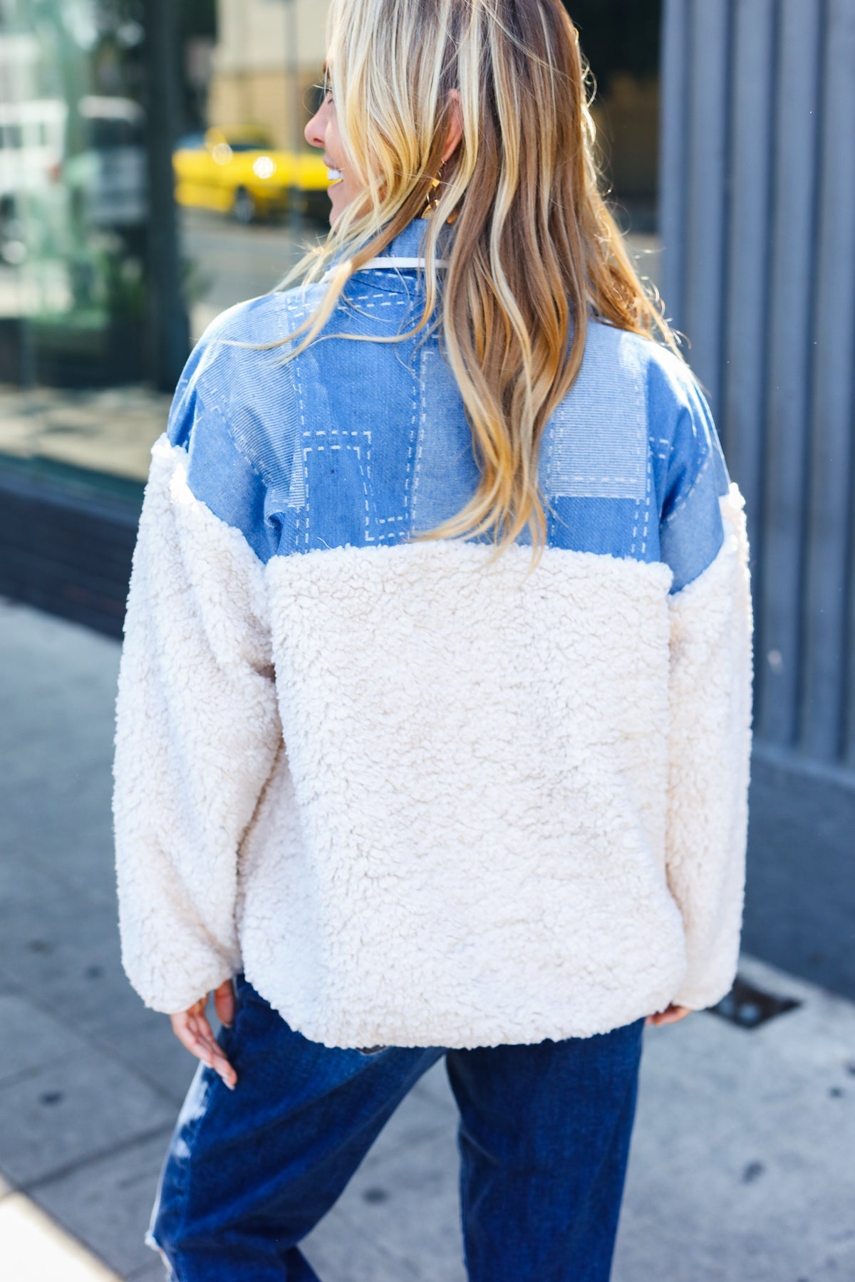 Stylish Good Vibes Denim & Ivory Patchwork Sherpa Half Zip Pullover for Women | Cozy Winter Fleece Jacket | Perfect for Casual Outings, Hiking & Outdoor Activities