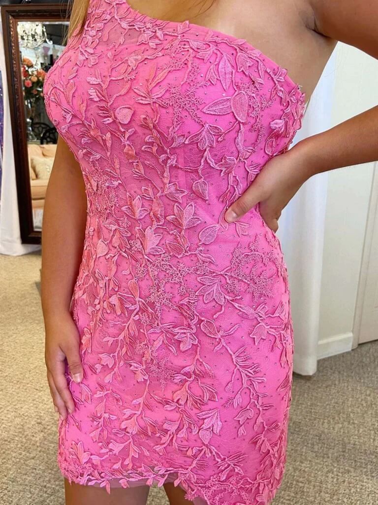 Elegant One Shoulder Short Prom Dress Mermaid Style Pink Lace Homecoming Dress for Women - Perfect for Prom Night, Homecoming Party & Special Occasions