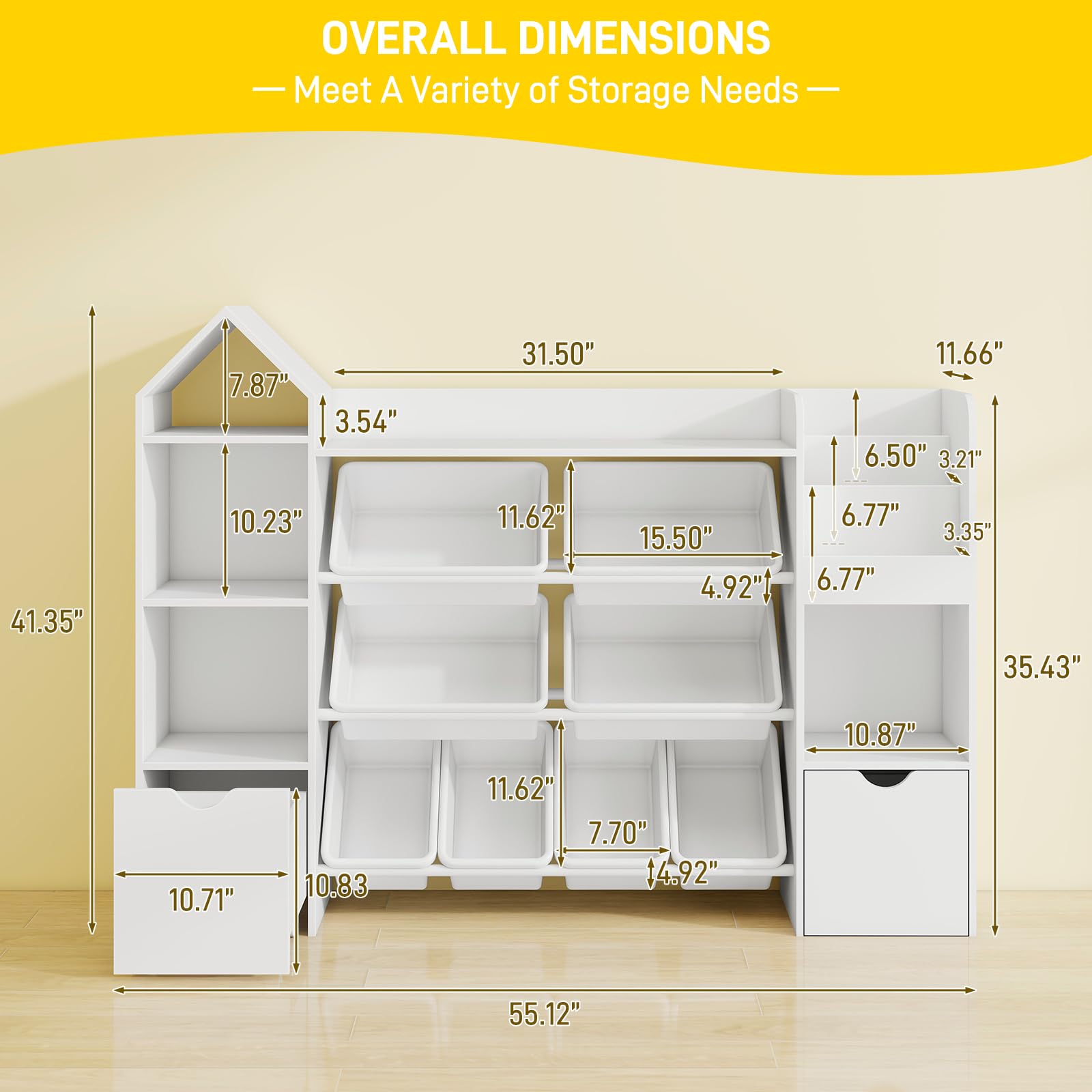 Vabches 8-Bin Kids Toy Organizer with Wheels - 4-Tier Toy Storage Shelf with Removable Bins & 4 Cubbies - White Nursery Organizer for Playroom, Bedroom & Daycare - Easy-Move Toy Storage Solution for Toddlers & Preschoolers