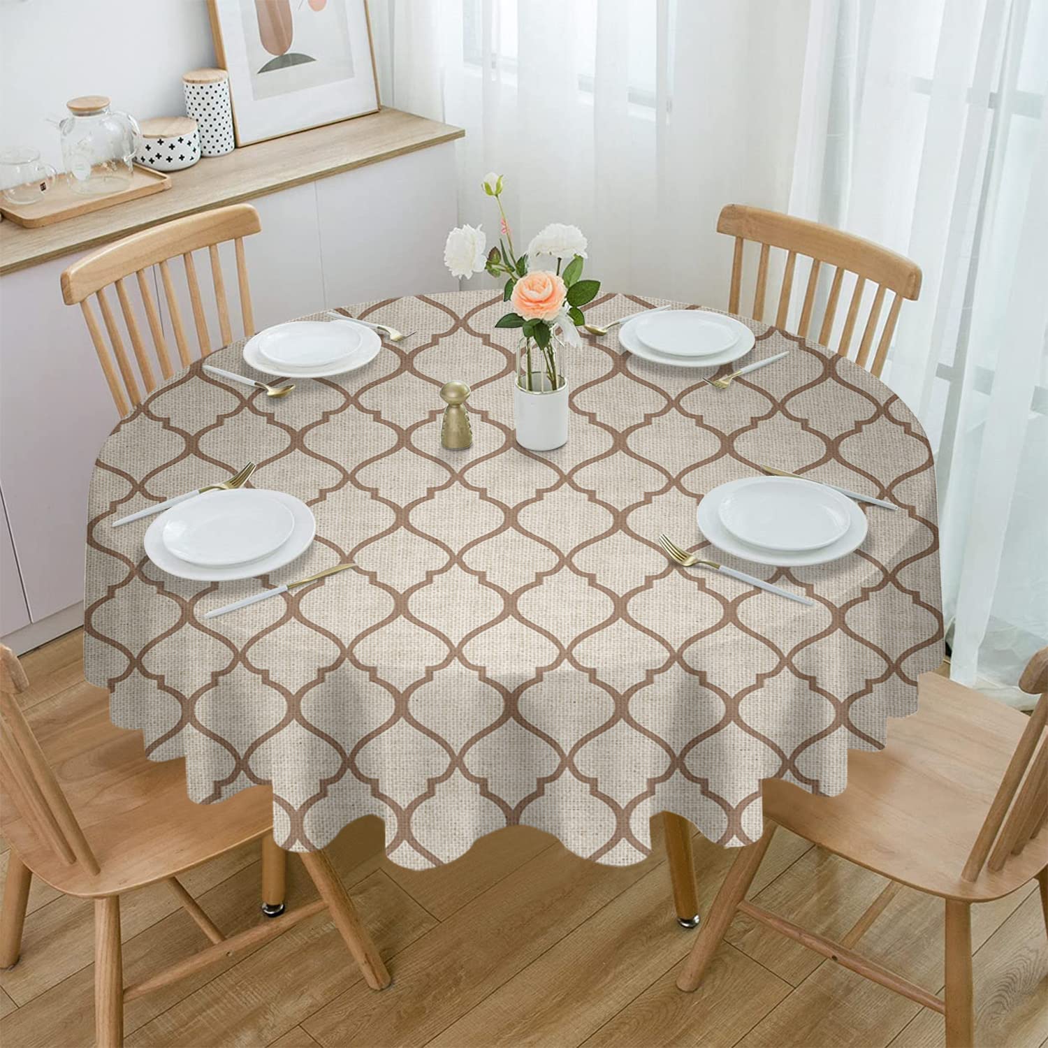 Bingigo 54 Inch Round Tablecloth - Rustic Moroccan Geometric Quatrefoil Design, Khaki Lattice Washable & Wrinkle-Resistant Waterproof Table Cover for Dining, Kitchen, Graduation Party, Picnic, Camping & Outdoor Events