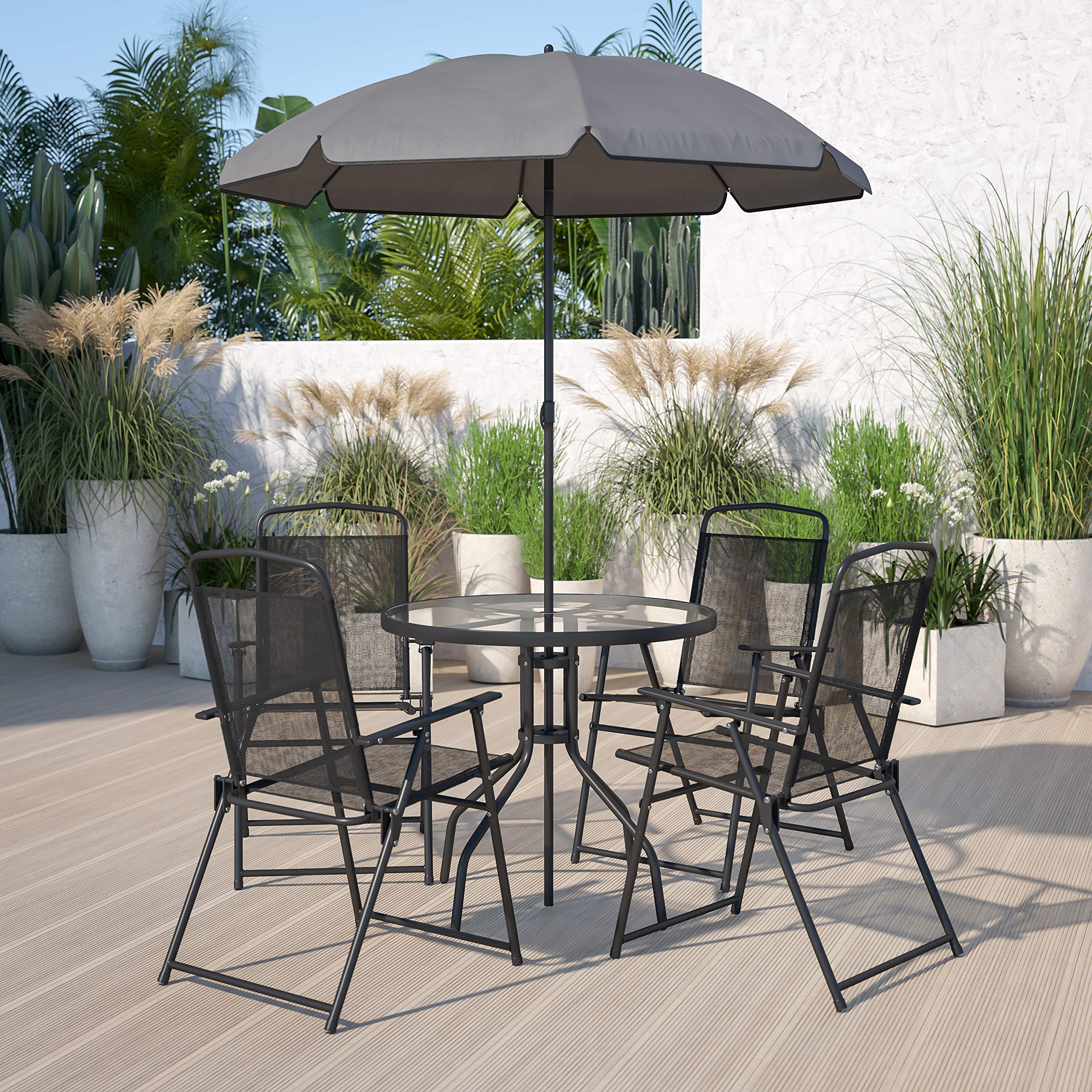 6-Piece Black Patio Garden Set with Umbrella Table & 4 Folding Chairs - Outdoor Dining & Relaxation Furniture for Backyard, Deck, Poolside or Garden