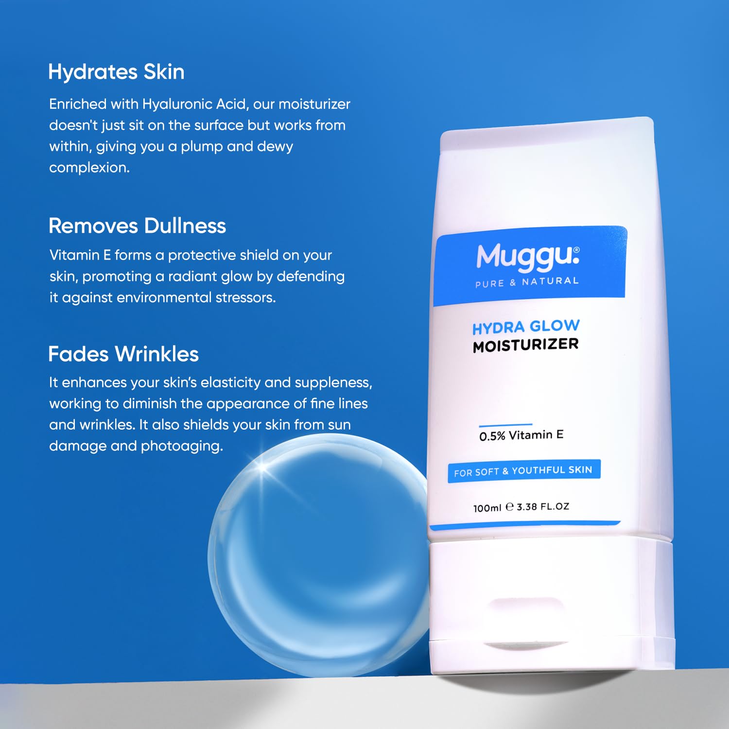 Muggu Skincare Hydra Glow Moisturizer with Vitamin E & Hyaluronic Acid - Deep Hydrating Face & Body Cream for Dry Skin - 100ml | Day & Night Moisturizer for Glowing Skin | Perfect for Daily Skincare Routine & Travel