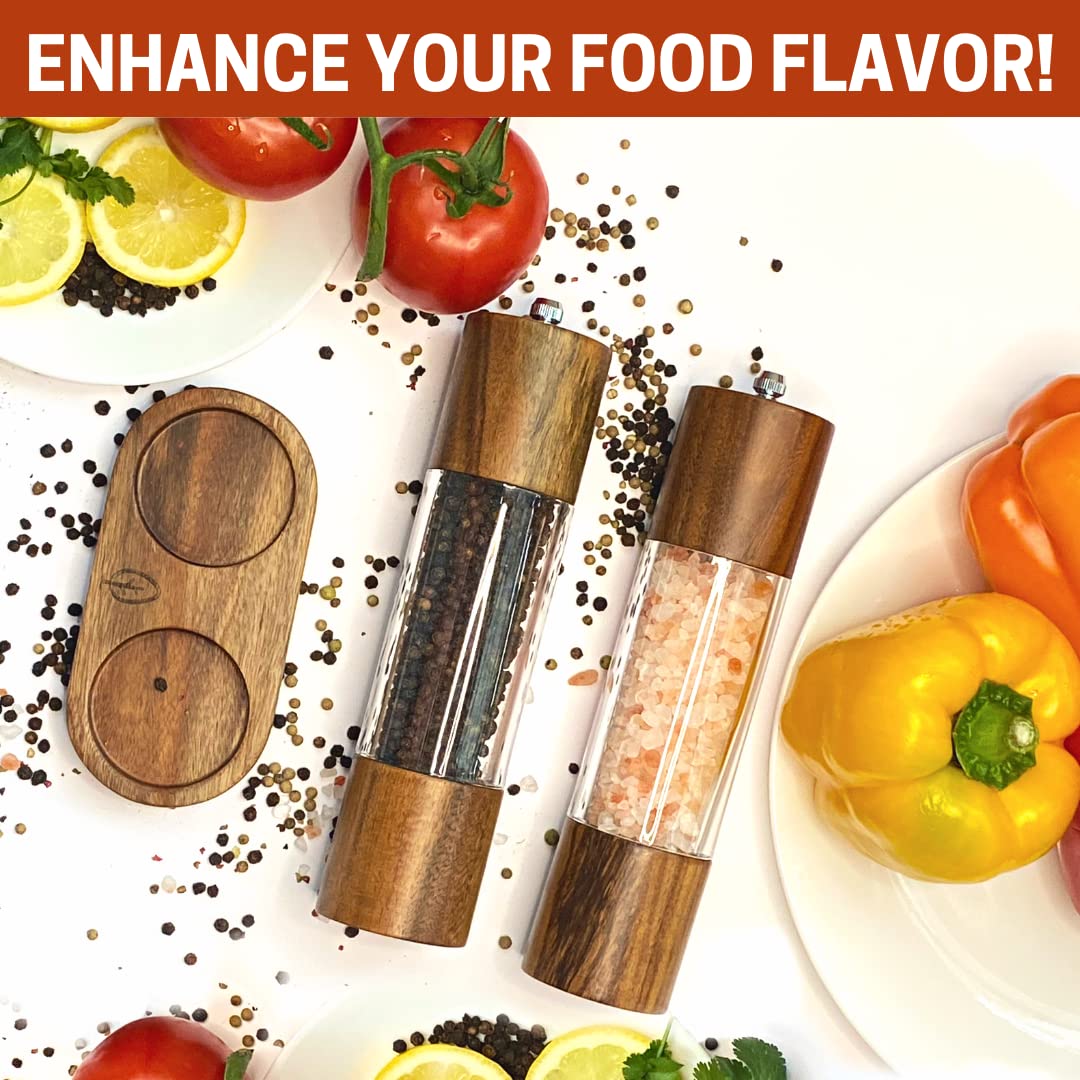 Premium Acacia Wood Salt and Pepper Grinder Set with Wooden Tray - Carbon Steel & Ceramic Core Mill - Adjustable Coarseness - Perfect for Kitchen, Dining Table, and Gift Giving