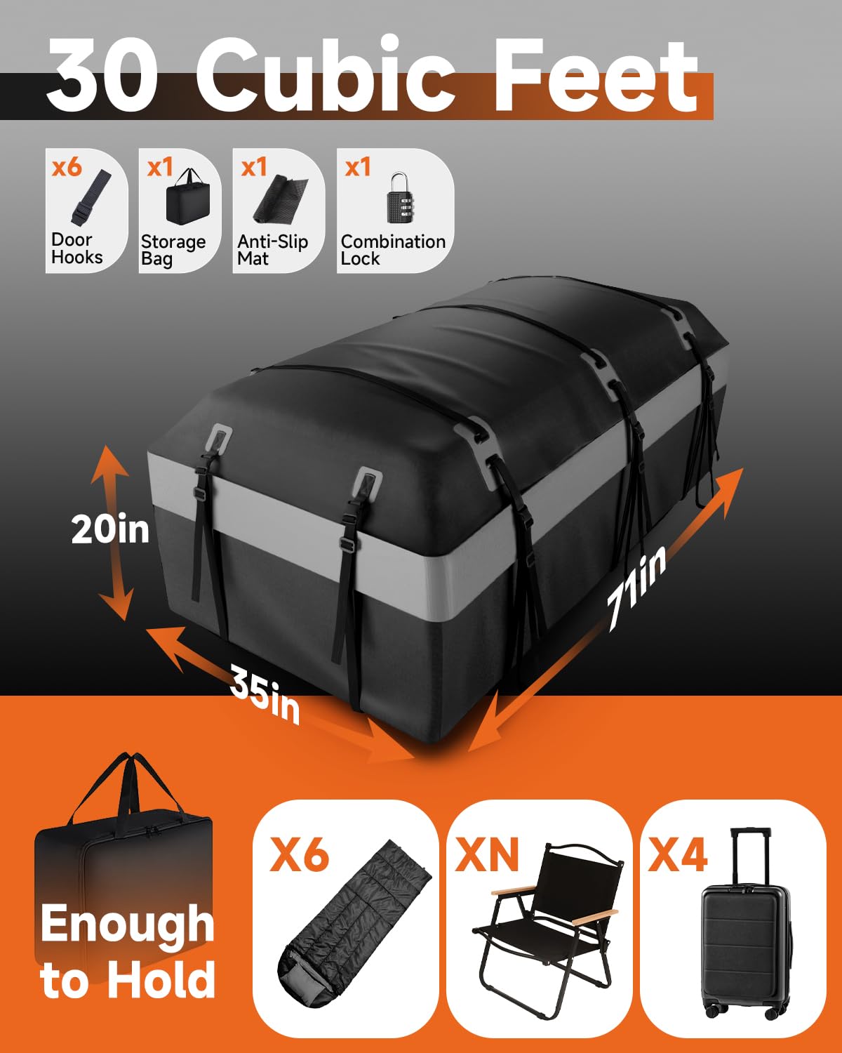 **30 Cubic Feet Car Rooftop Cargo Carrier Bag - Universal Soft-Shell Luggage Bag for All Vehicles (With/Without Racks) | Includes Luggage Lock, 2 Reinforced Straps, 6 Door Hooks & Anti-Slip Mat (Grey) - Perfect for Road Trips, Camping & Outdoor Adventures**
