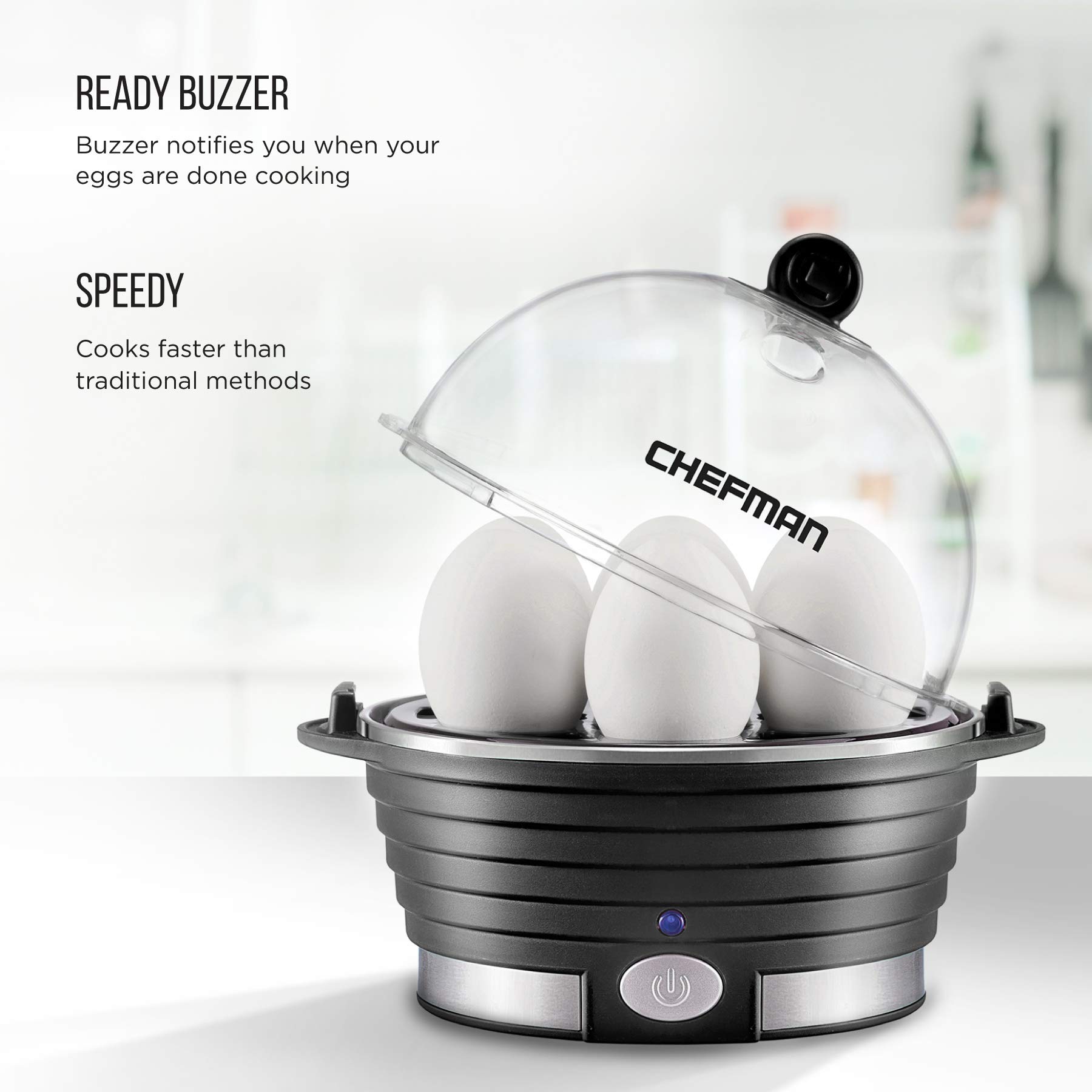 Chefman Electric Egg Cooker & Vegetable Steamer - Fast 6-Egg Capacity for Hard, Medium or Soft Boiled Eggs - Includes Poaching & Omelet Trays - BPA-Free, Ready Signal - Perfect for Breakfast Meal Prep & Healthy Cooking (Black)