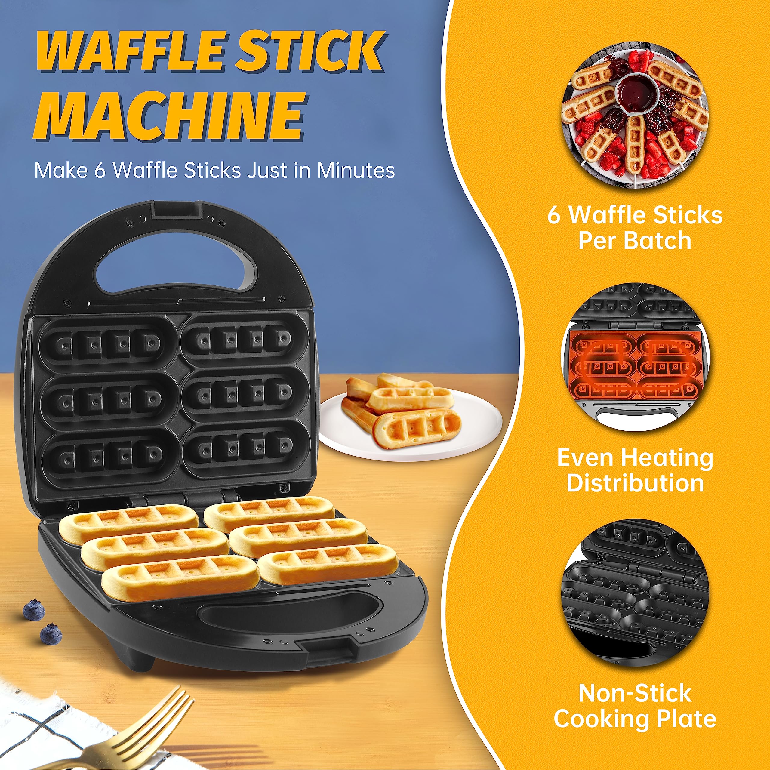 Mini Waffle Stick Maker - 6 Sticks Electric Waffle Iron for Breakfast, Snacks & Desserts | Perfect for Kids Lunch, Party Treats & Family Breakfast Time