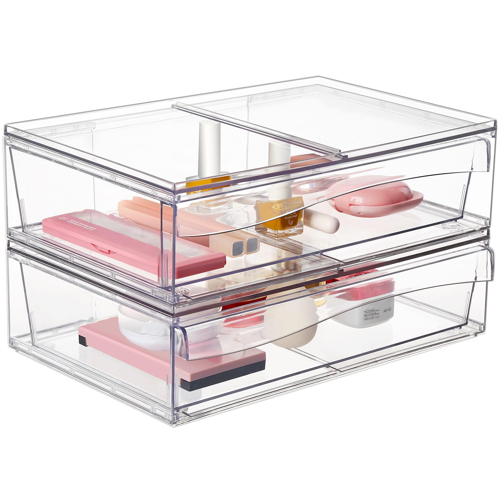 Clear Acrylic Makeup Organizer with 2 Drawers - Stackable Cosmetic Storage Box for Vanity, Bathroom & Desk - 3-Piece Set for Makeup Brushes, Skincare & Jewelry Organization
