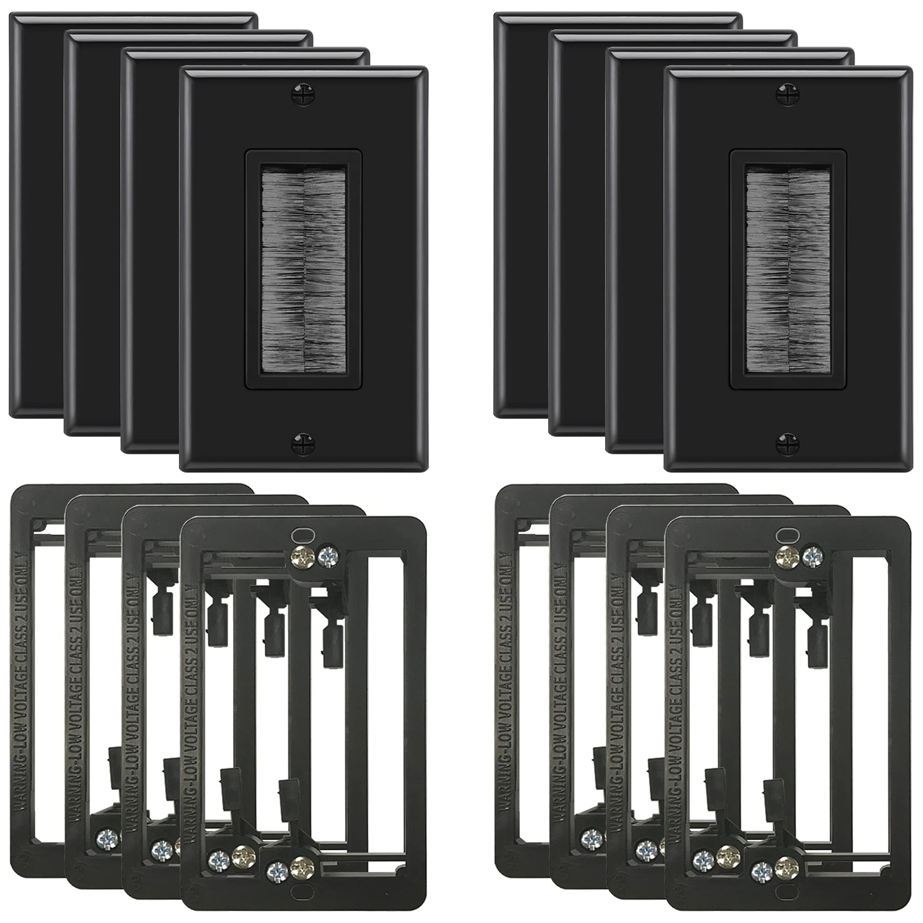 8-Pack BESTTEN 1-Gang Brush Wall Plate with Low Voltage Bracket - Cable Pass Through for HDMI, HDTV, Network, Phone, Speaker & Coaxial Wires - Black - Perfect for Home Theater & Office Cable Management