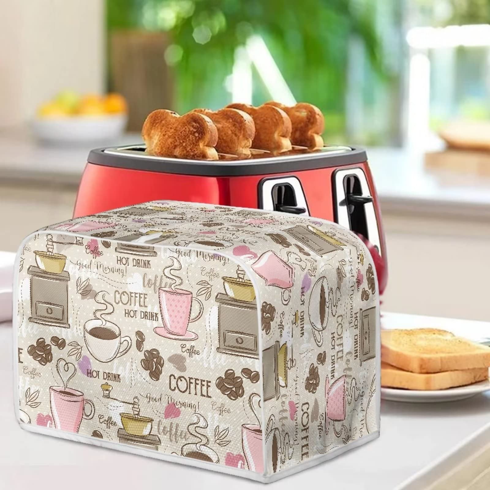 Talayituse Coffee Theme 2 Slice Toaster Cover - Dust Protection Washable Fabric for Bread Maker & Toaster Oven - Kitchen Appliance Accessories for Countertop Protection & Home Decor