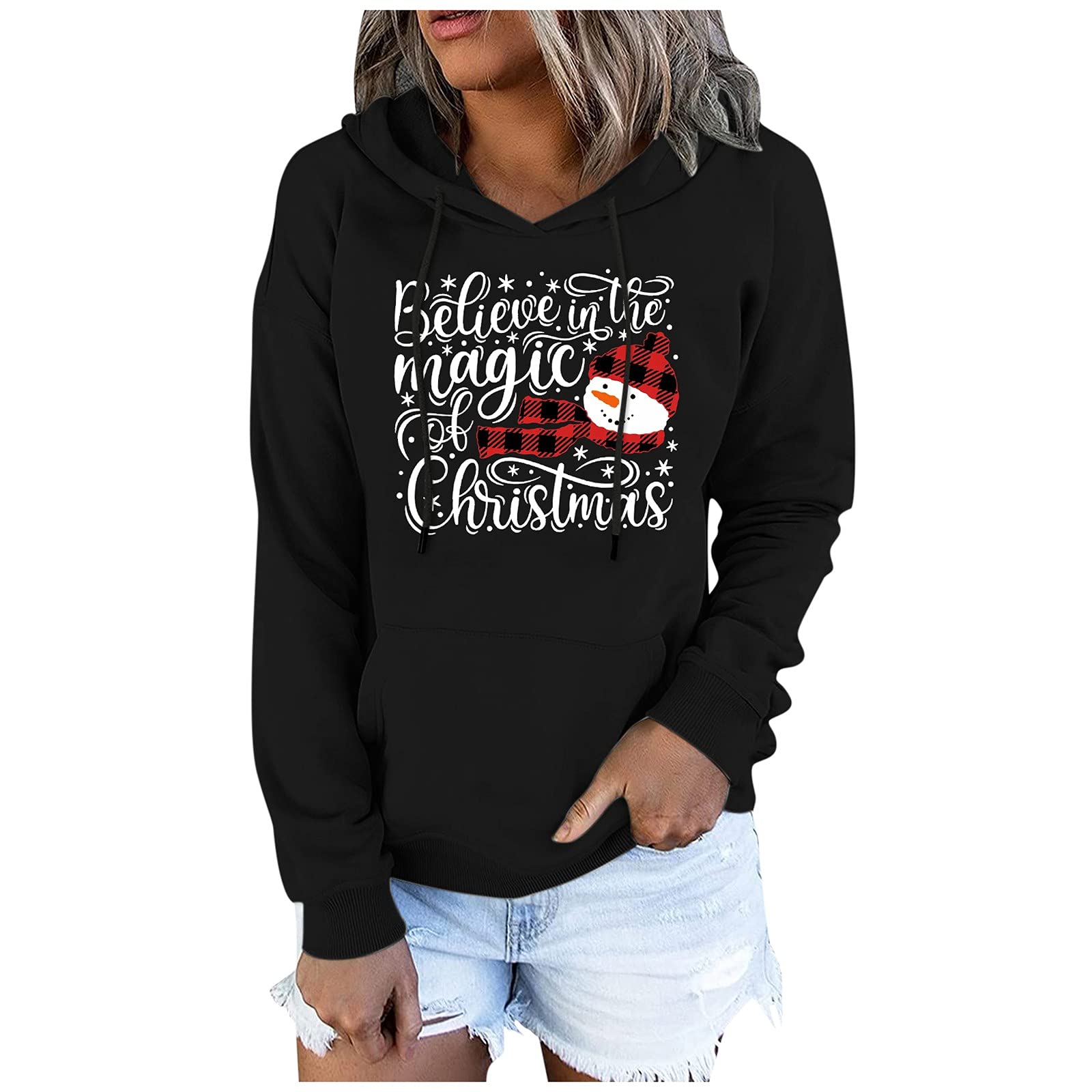 MOKINGTOP Women's Christmas Hooded Sweatshirt - Cozy Fleece Pullover with Drawstring Hood, Front Pocket & Festive Print | Casual Winter Wear for Holiday Parties, Gift Giving & Everyday Comfort
