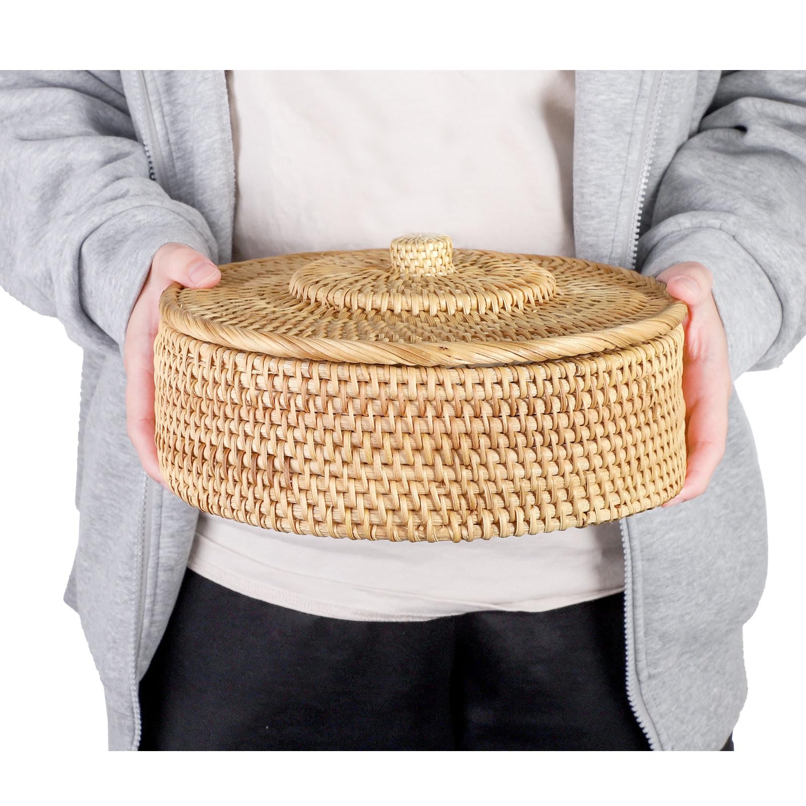 Round Rattan Basket with Lid - Small Wicker Storage for Home Decor