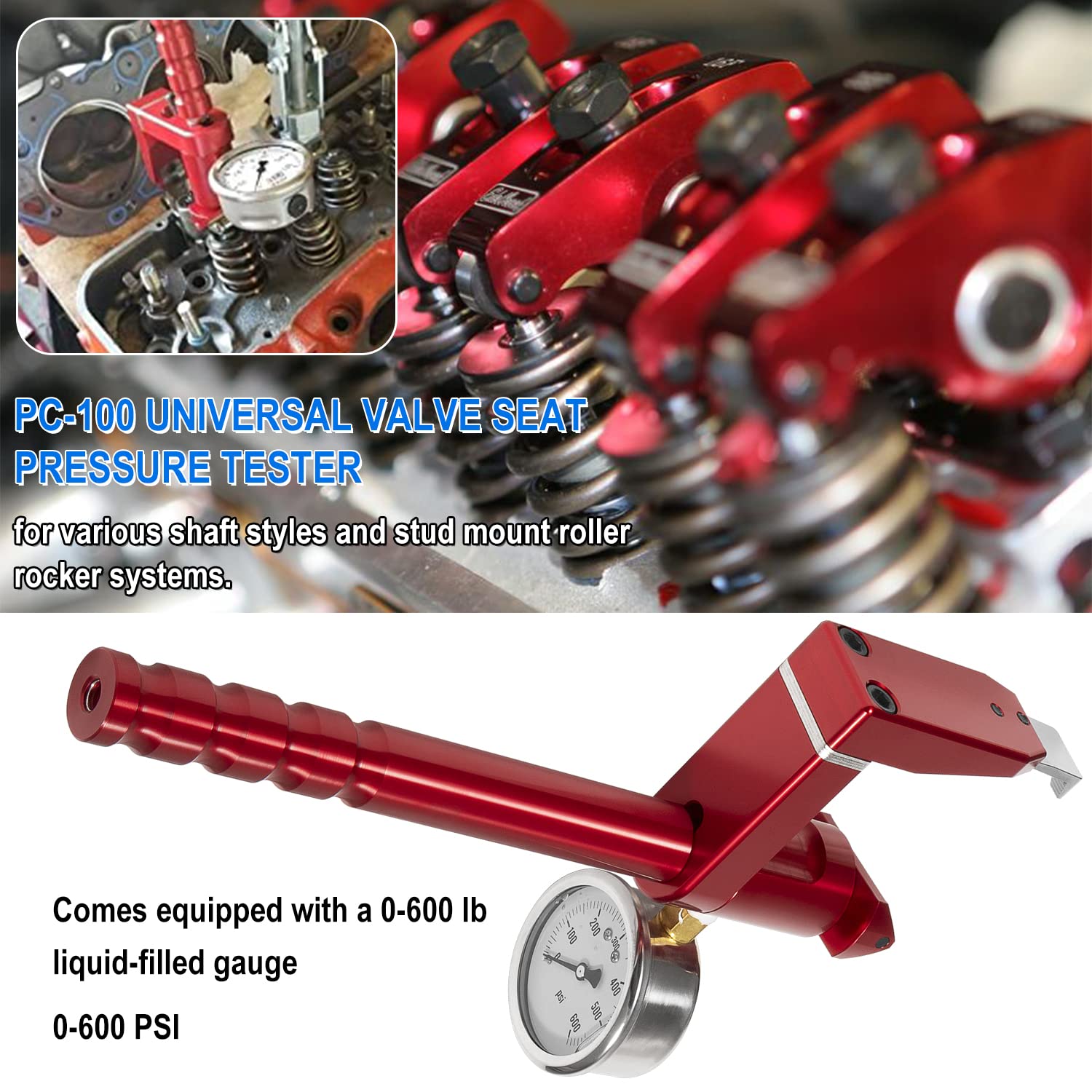 PC-100 Universal Valve Seat Pressure Tester | 0-600 PSI Adjustable On-Head Valve Spring Compression Tester Gauge | Perfect for Automotive Engine Repair & Motorcycle Maintenance