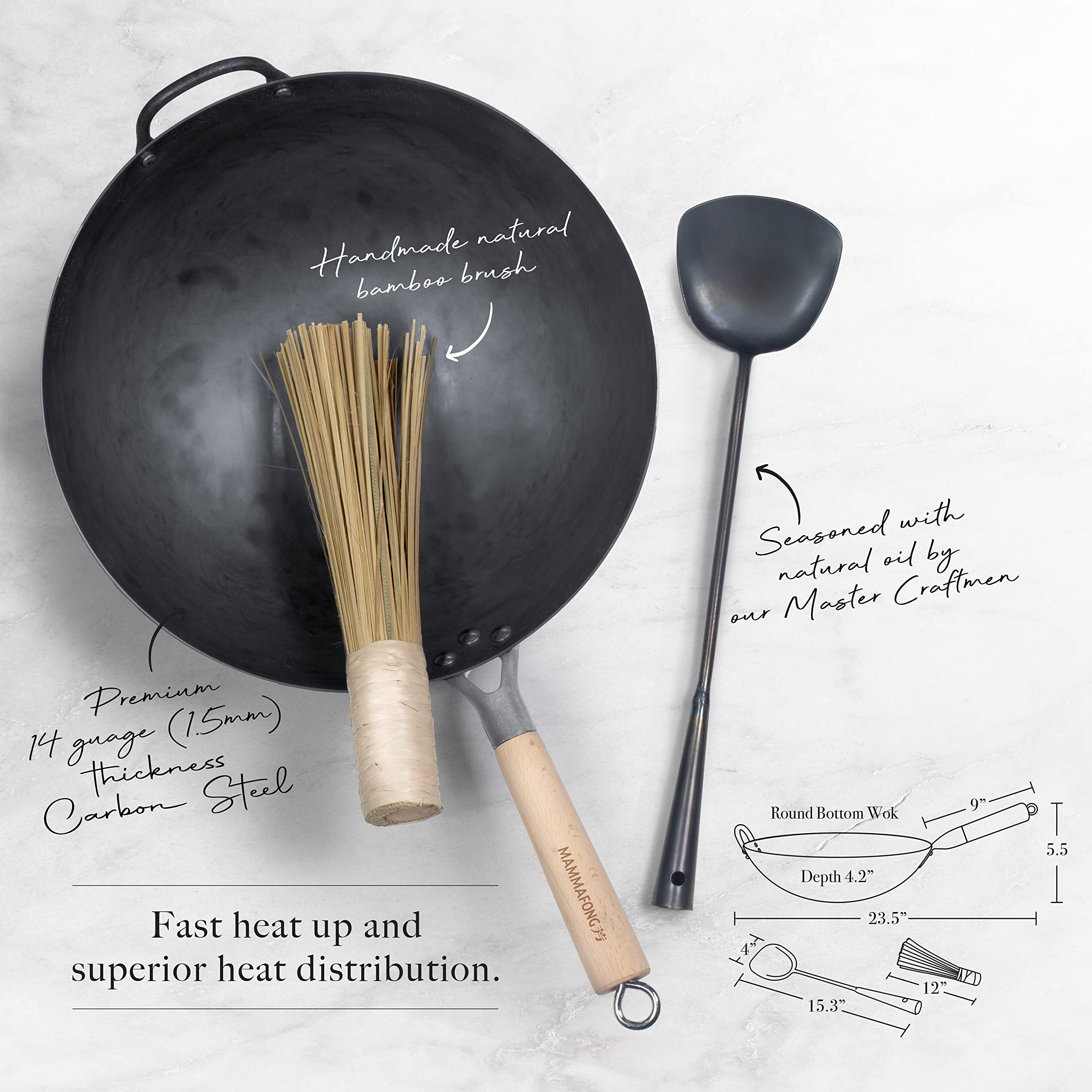 14 Inch Traditional Hand Hammered Pre-Seasoned Carbon Steel Wok Set with Spatula & Bamboo Brush - Round Bottom Chinese Stir Fry Pan for Professional Cooking, Home Kitchen & Asian Cuisine