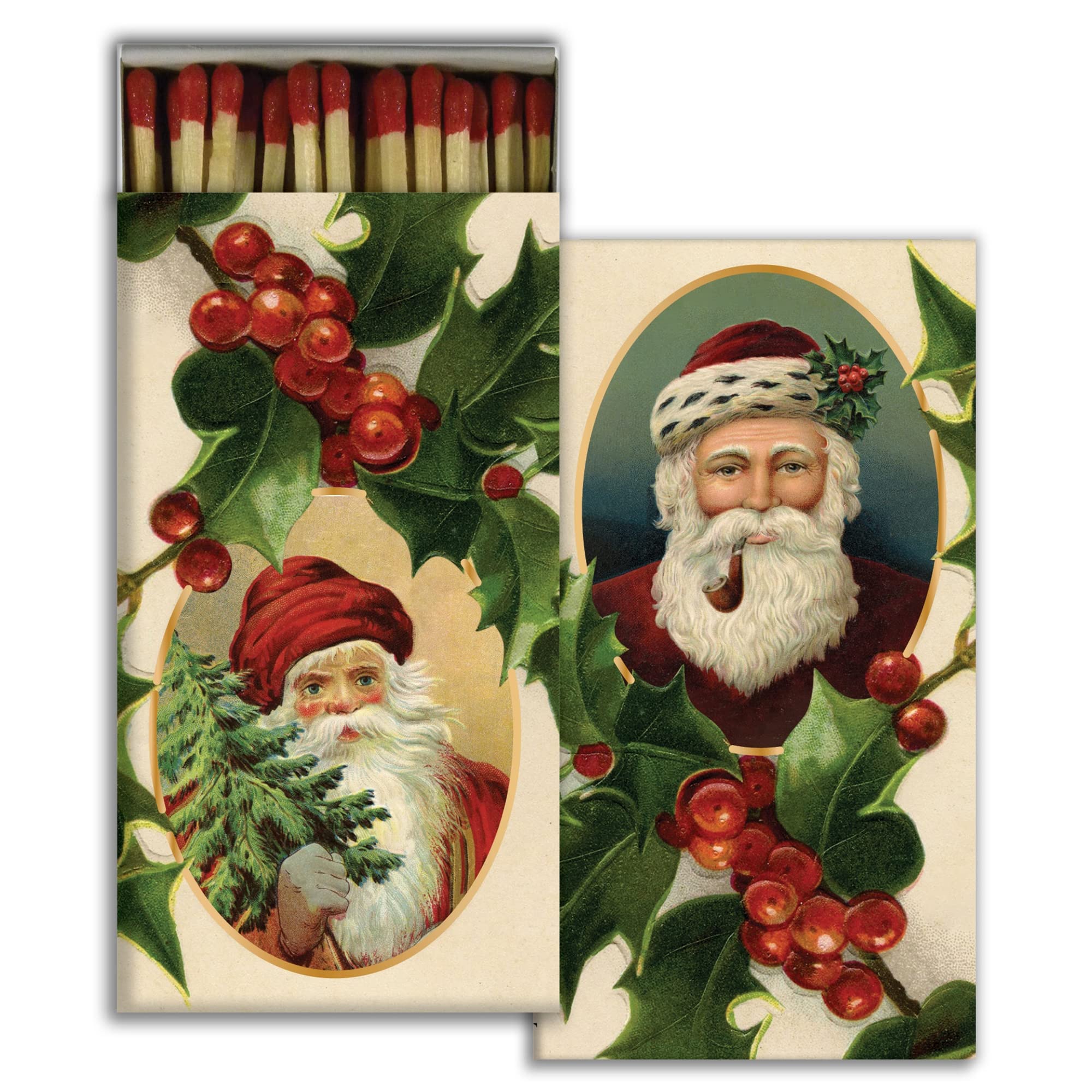 Festive Santa and Holly Decorative Matchbox with Natural Wooden Matches - Perfect for Lighting Candles, Fireplaces, Holiday Decor & Outdoor Grilling | Gift-Ready Christmas Decoration for Home & Party Use