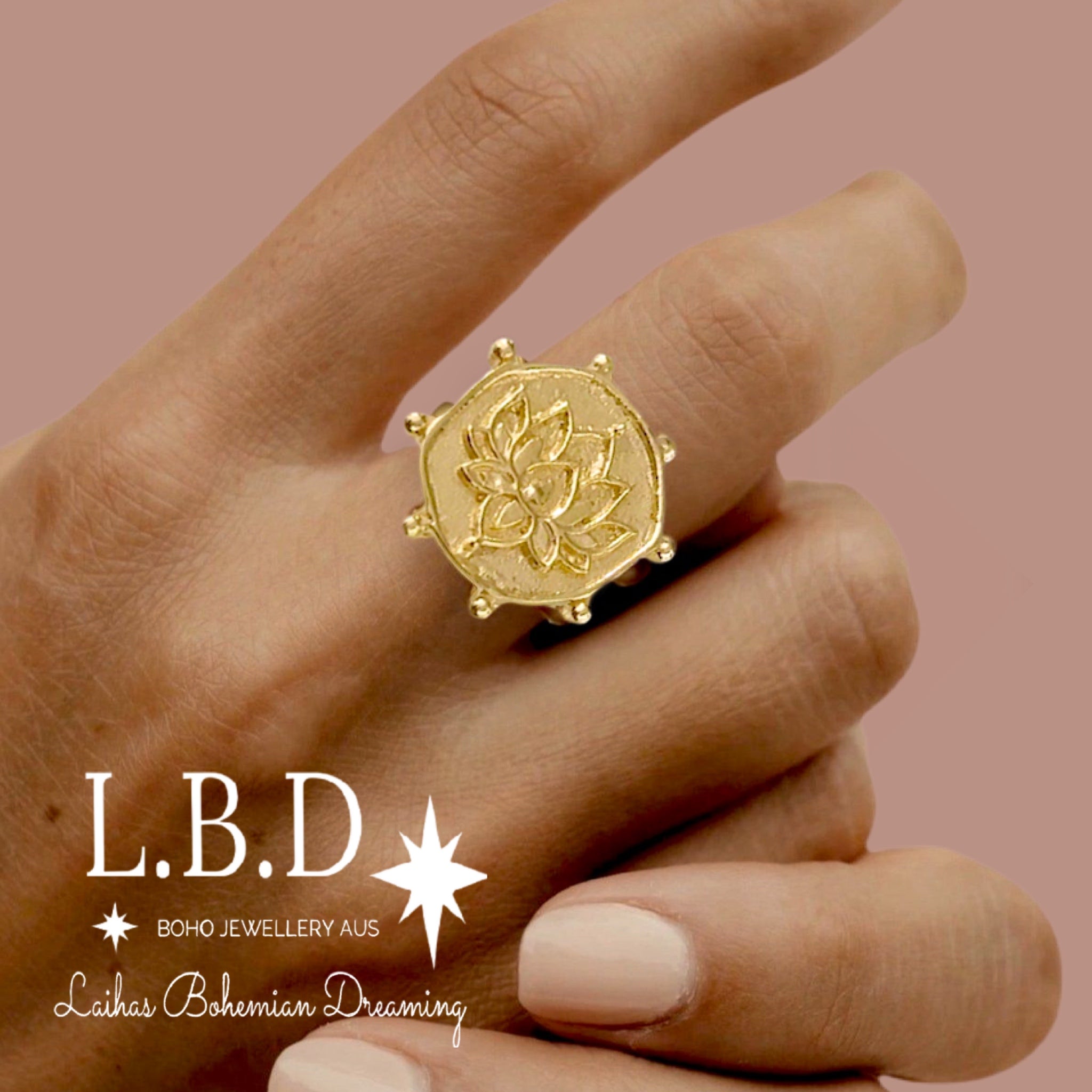 Laihas Gold Boho Lotus Flower Ring - Handcrafted Imperfectly Perfect Jewelry for Women - Ideal for Festivals, Boho Chic Outfits & Everyday Wear