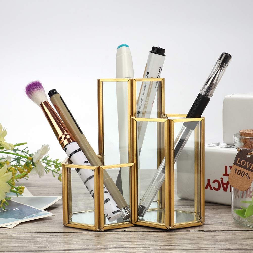 4.72in Clear Glass Pen Holder with 3 Compartments - Copper Plated Metal Inlay Pencil Organizer & Makeup Brush Holder - Vanity Desk Organizer for Storing Makeup Brushes, Pens, Mascara, Lipstick (Gold) - Perfect for Office, Home Desk & Beauty Vanity Organization