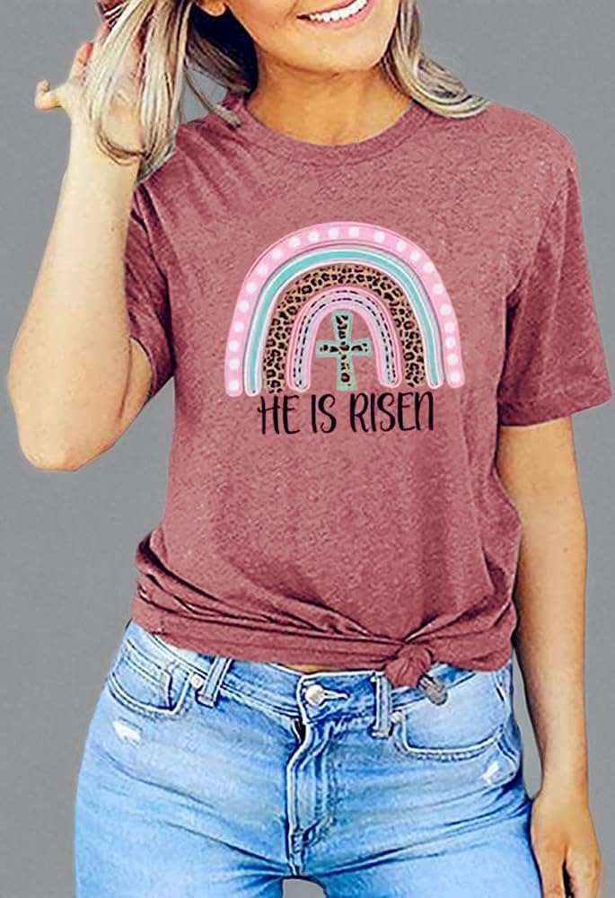 Women's Easter He is Risen Graphic T-Shirt with Cute Bunny Rabbit Print - Comfortable Casual Blouse for Church, Egg Hunt & Spring Celebrations