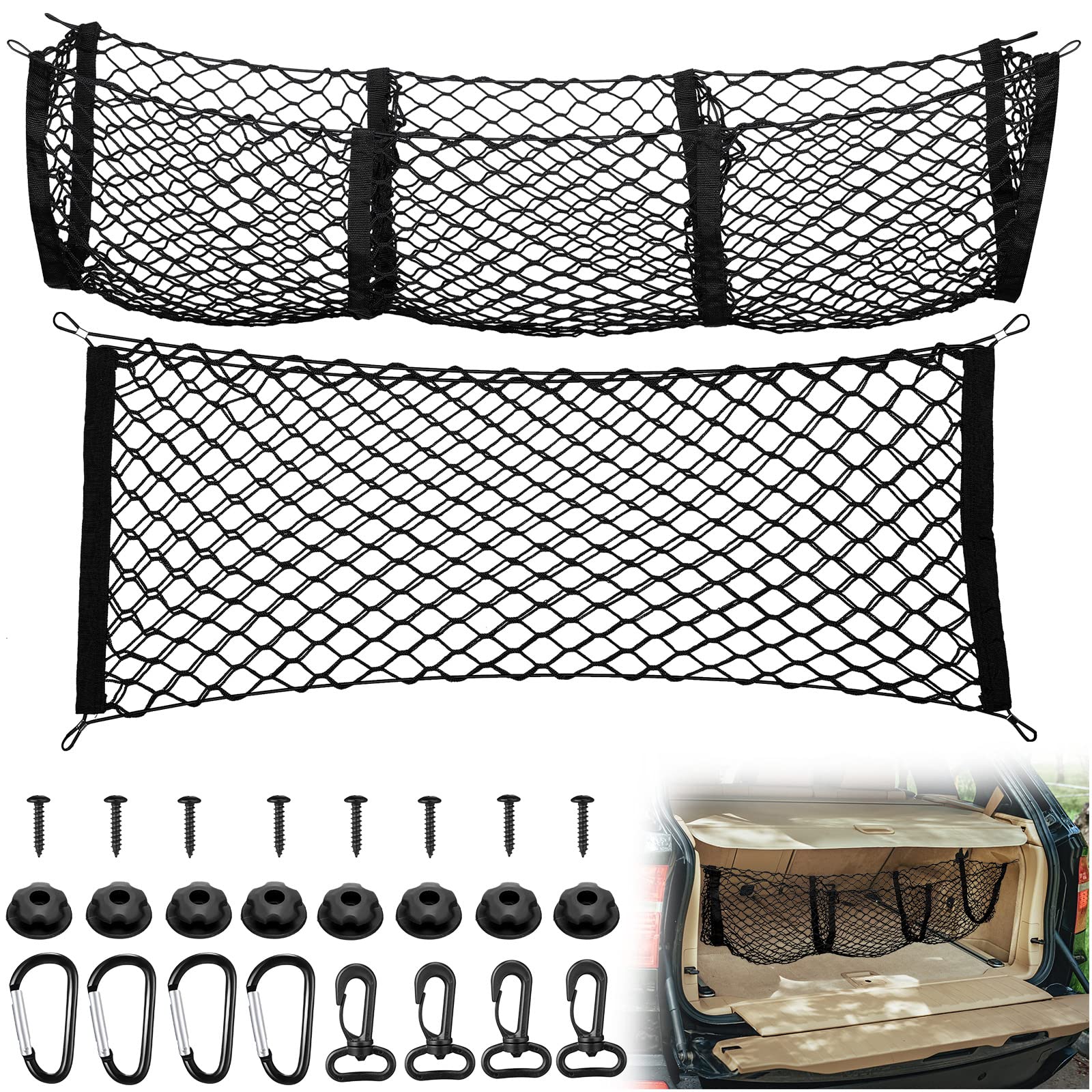 Tallew 3-Pocket Stretchable Cargo Net Organizer with Hooks & Buttonholes - 35.4 x 15.7 Inch Black Mesh Trunk Storage Bag for Pickup Trucks, SUVs & Car Beds - Perfect for Grocery Storage, Road Trips & Vehicle Organization