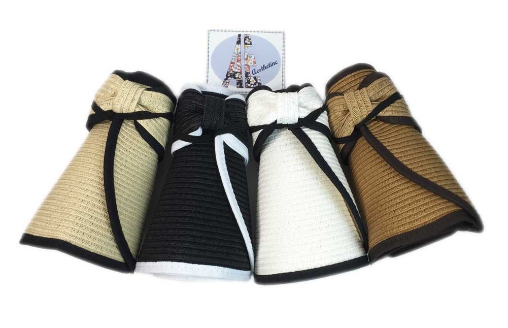 Straw Roll Up Sun Visor Hat with Bow - UPF Sun Protection for Women, Foldable Travel Beach Hat for Outdoor Sports, Hiking & Summer Vacations (Black)