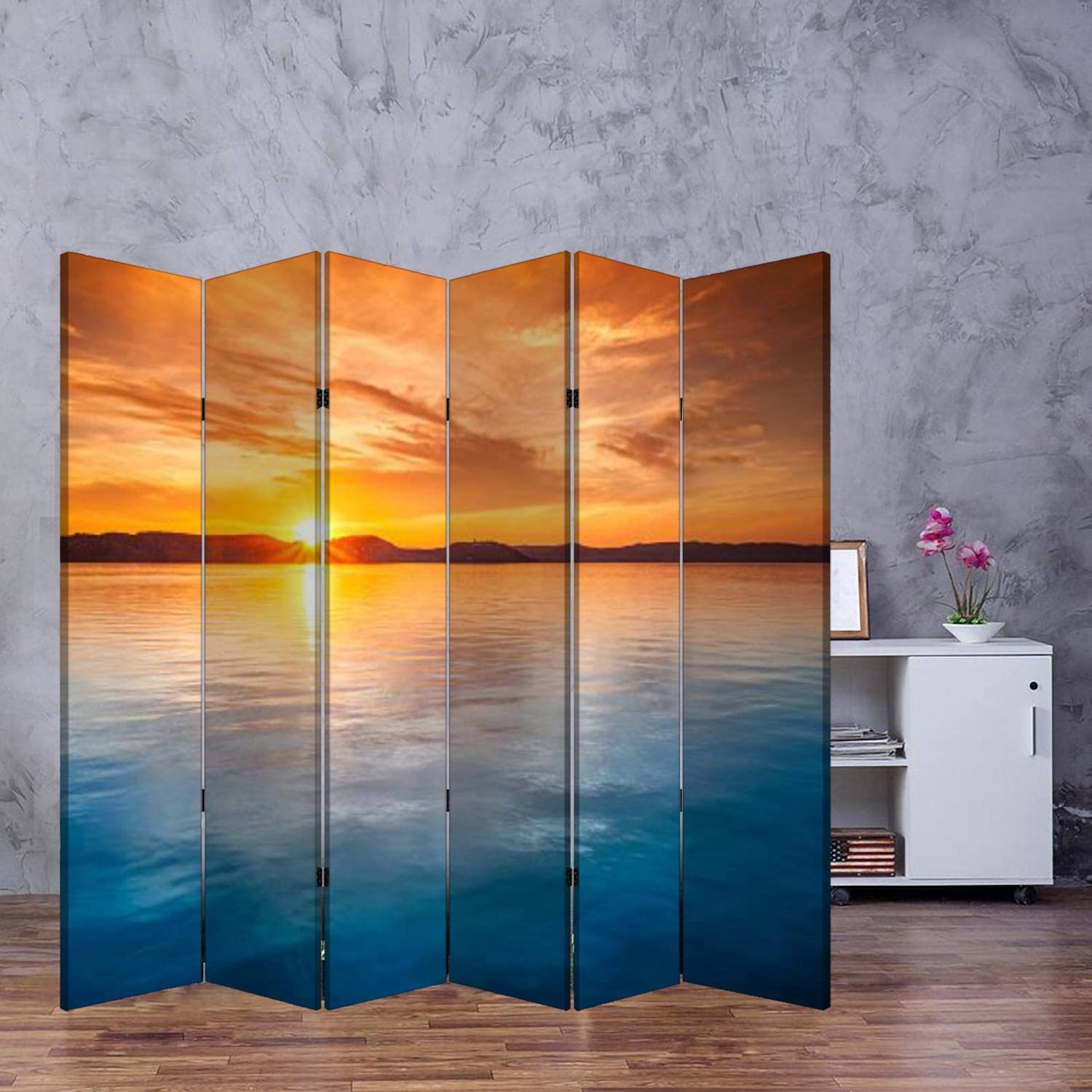 6-Panel Wood Screen Room Divider - Sunset Water Folding Privacy Partition with Dual-Sided Canvas Panels for Indoor Display & Shelves | Perfect for Home Office, Bedroom Separation & Decorative Wall Art