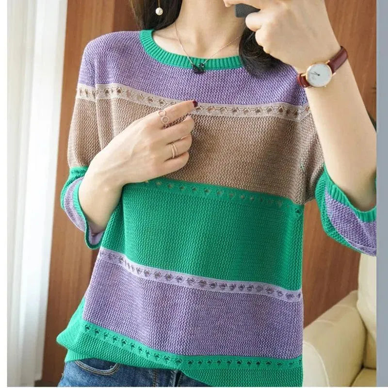 Stylish Round Neck Knitted Sweater with Breathable Holes - Perfect for Casual Outfits & Fall Layering