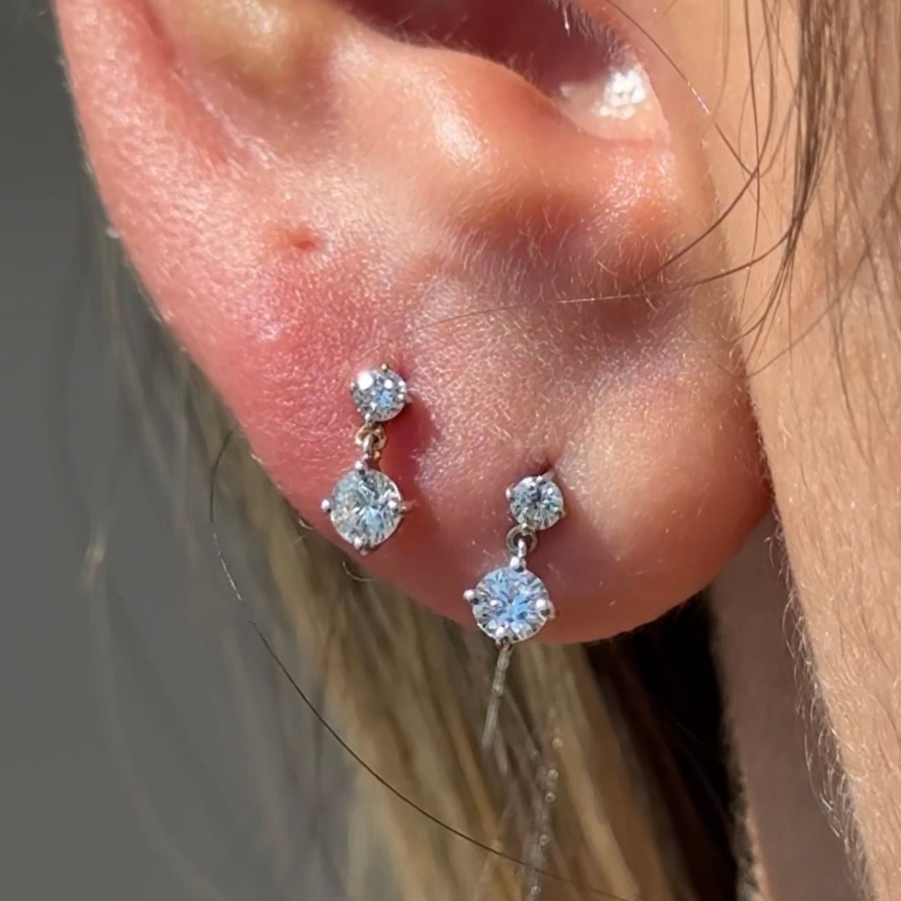 14K Yellow Gold Double Diamond Drop Flat Back Stud Earrings - Elegant & Dainty for Everyday Wear, Parties & Gifts
