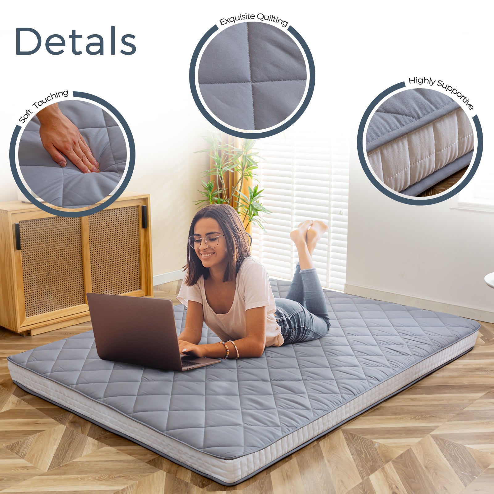 MAXYOYO 6-Inch Extra Thick Floor Futon Mattress - Diamond Quilting Design, Grey Memory Foam Mattress for Guest Bed, Dorm Room, or Living Room Floor Sleeping