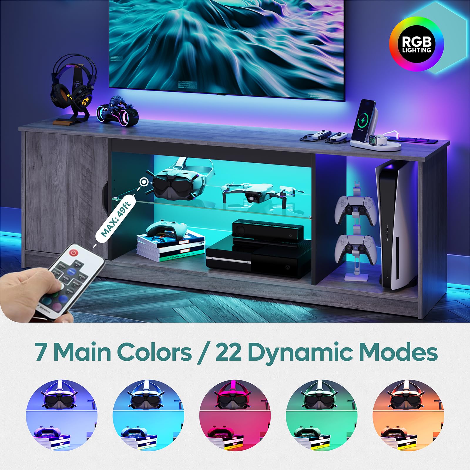 Bestier 58 Inch LED TV Stand with Power Outlets - Modern Entertainment Center for 55/60/65 Inch TVs, Gaming Console Storage Cabinet with Adjustable Glass Shelves (Grey Wash) - Perfect for Living Room, Home Theater & PS5 Setup