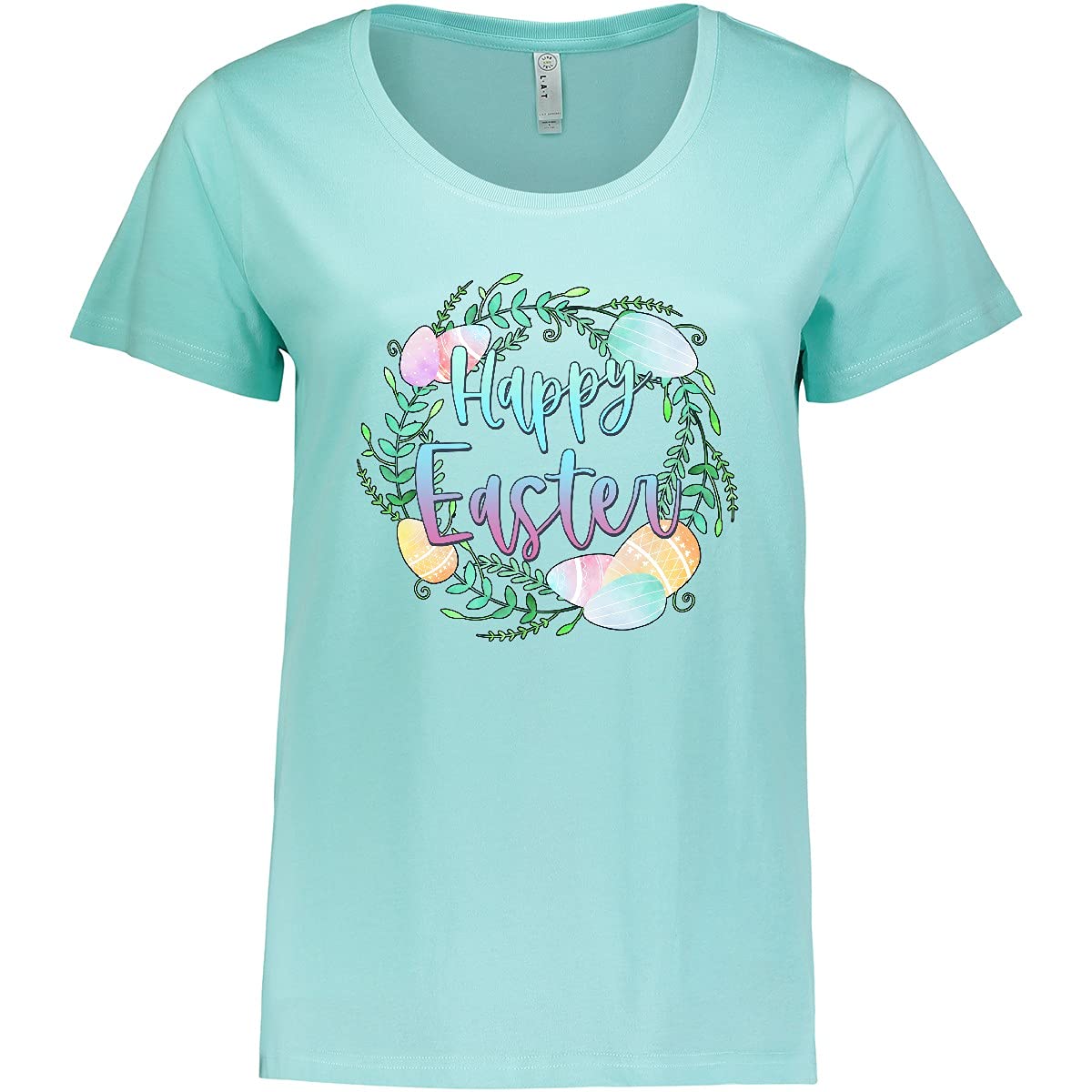 Inktastic Happy Easter Pastel Egg Wreath with Laurels Women's Plus Size T-Shirt - Cute Spring Holiday Tee for Church, Egg Hunts & Family Gatherings