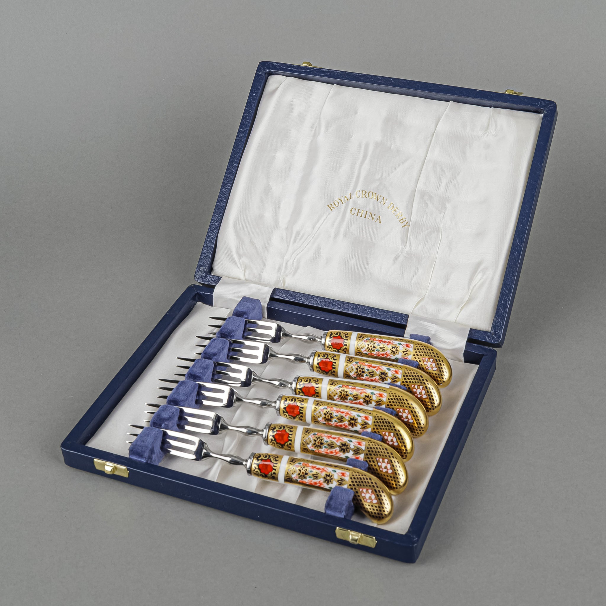 Royal Crown Derby Old Imari 1128 6-Piece Stainless Steel Pastry Fork Set with Ceramic Handles - Perfect for Desserts, Tea Parties, and Elegant Dining