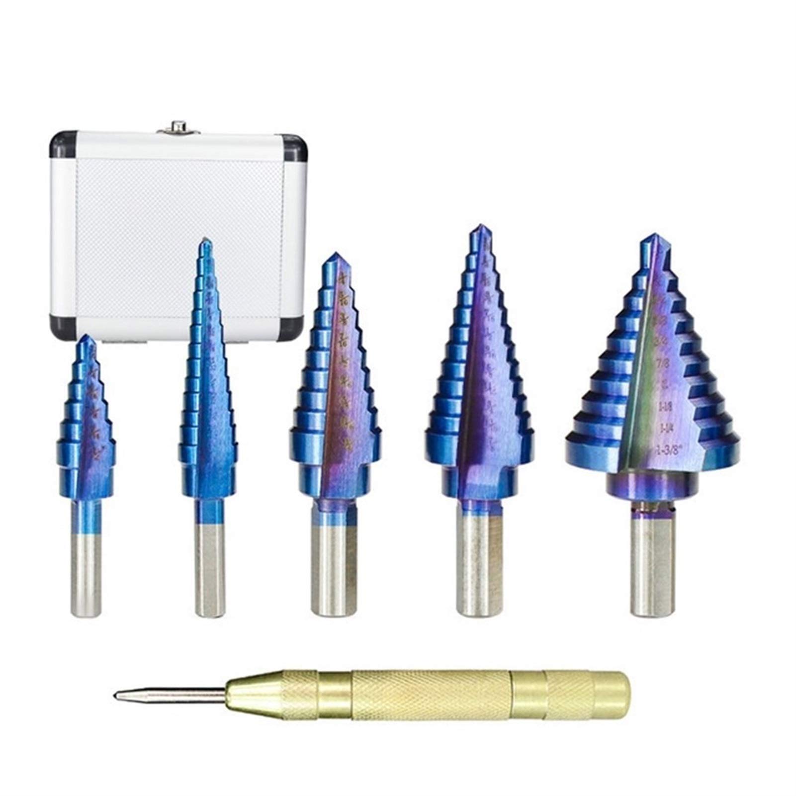 High-Speed Steel (HSS) Cobalt Step Drill Bit Set with Titanium Coating - 5-Piece Hole Saw Kit in Aluminum Case for Metal, Wood & Plastic - Perfect for DIY, Construction & Industrial Drilling Projects