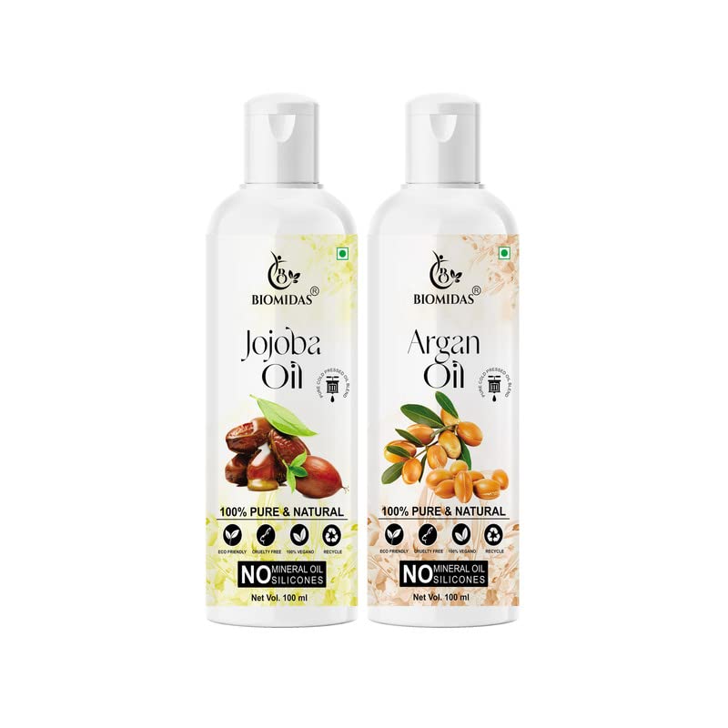 Biomidas 100% Pure Jojoba Oil & Argan Oil Combo Set (100ML Each) - Natural Hair Growth Treatment for Thicker, Stronger Hair | Reduces Hair Fall & Split Ends | Leaves Hair Soft & Shiny | Perfect for Daily Hair Care Routine & Scalp Massage