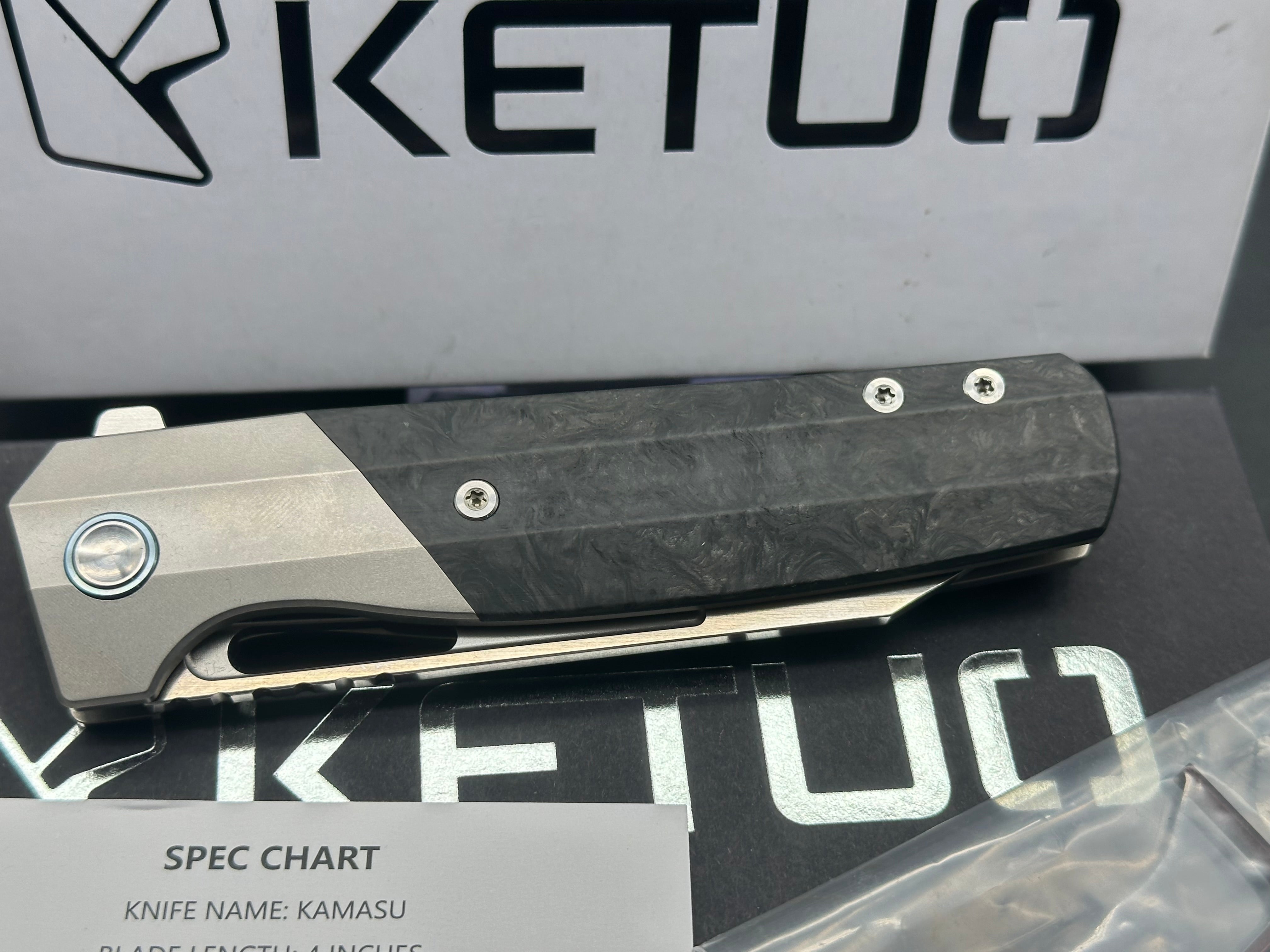 Ketuo Knife - Premium Kamasu/Ti Liners Ti Bolster with Marble Carbon Inlays, Wharncliffe Blade in Satin M390 Steel | Tactical EDC, Outdoor Survival, Camping & Kitchen Use