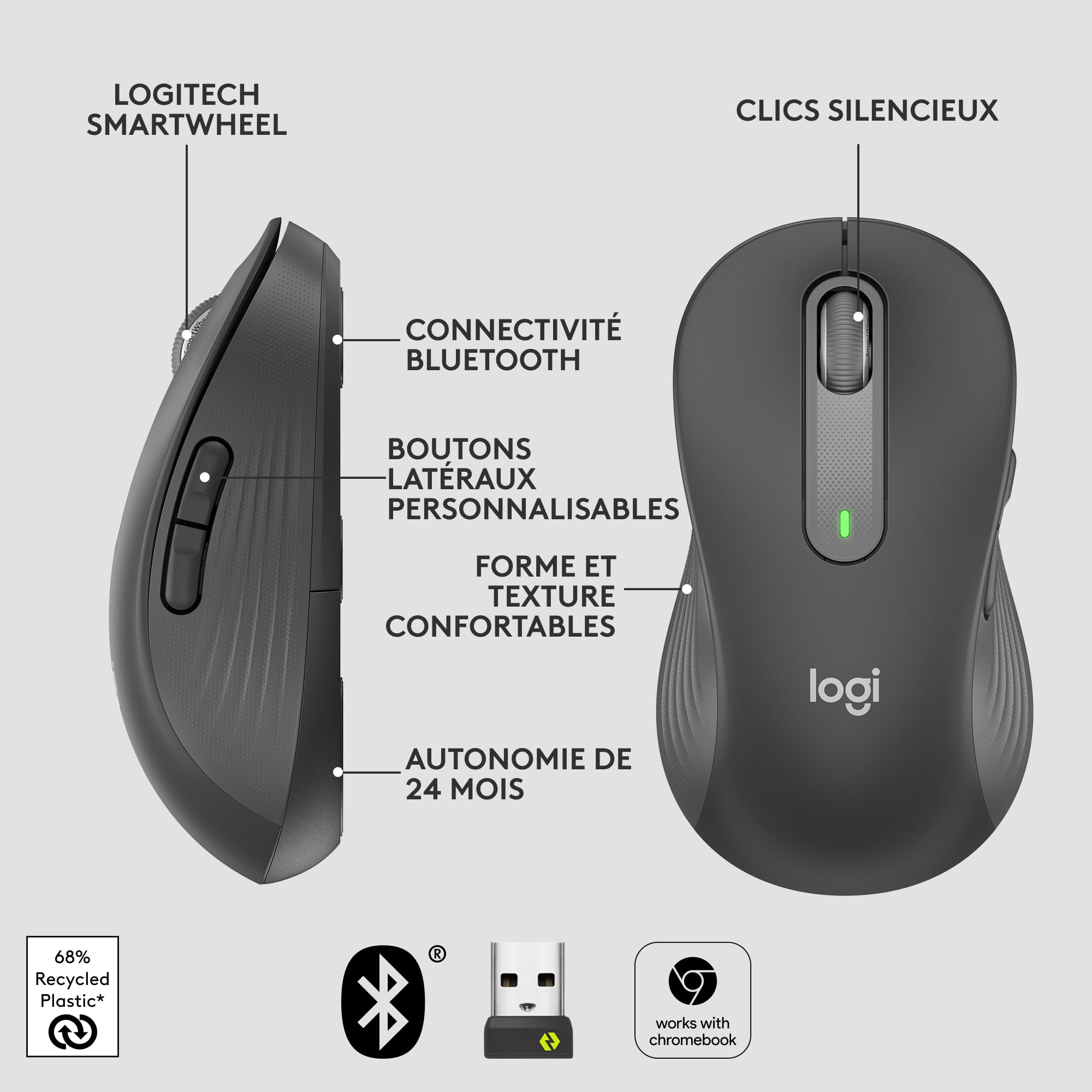 Logitech Signature M650 L Wireless Mouse for Large Left Hands - 2-Year Battery Life, Silent Clicks, Programmable Side Buttons, Bluetooth, PC/Mac/Chromebook Compatible - Graphite - Perfect for Office Work, Gaming, and Multi-Device Productivity