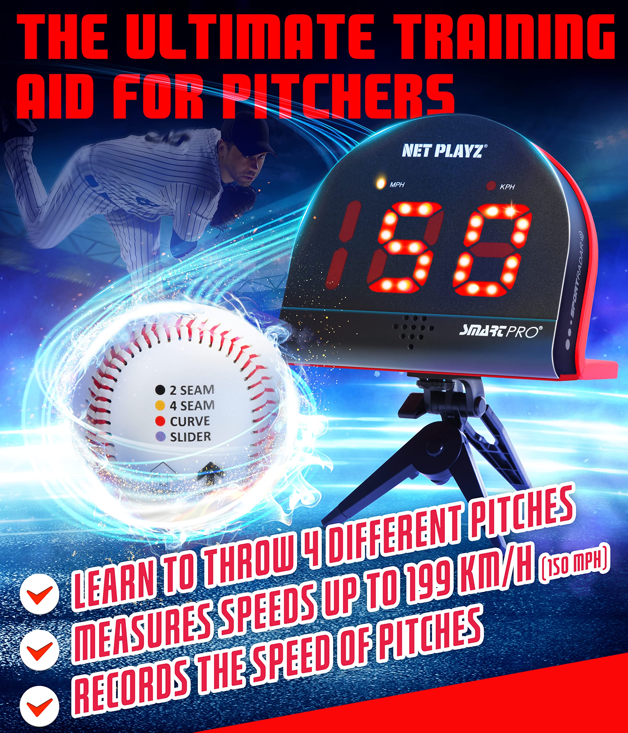 NET-PLAYZ Baseball Pitching Training Aids & Equipment – Speed Radar & Pitch Trainer Kit for Kids, Teens, Adults | Perfect Gift for Baseball Players & Pitchers | Improve Pitching Skills for All Ages & Levels | Ideal for Practice, Games & Training Sessions