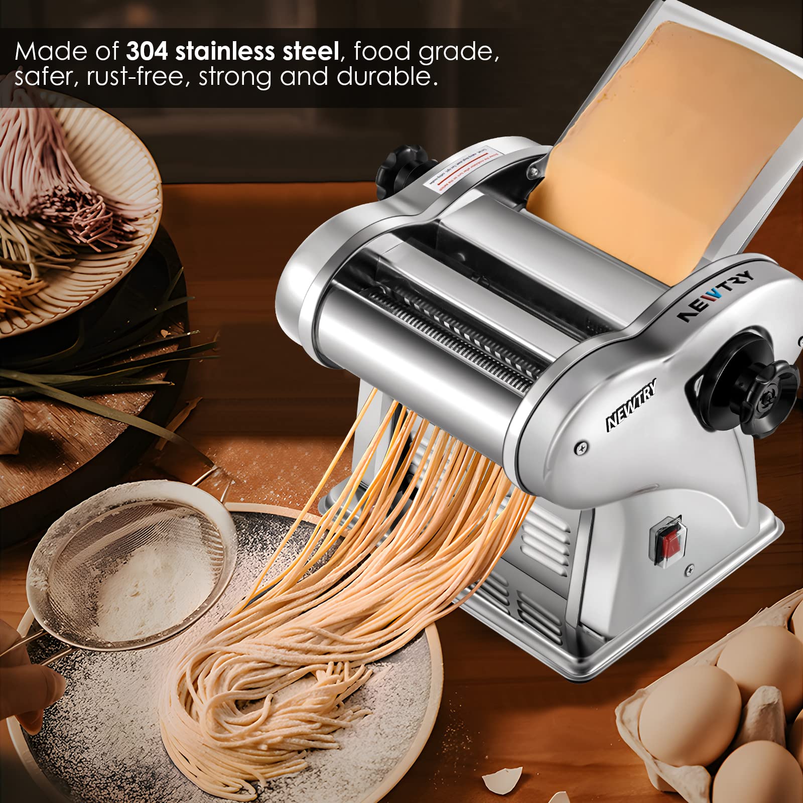 NEWTRY Electric Pasta Maker Machine - Stainless Steel Dough Roller & Cutter with Adjustable Thickness | 110V US Plug | 2 Blades Included | Perfect for Homemade Pasta, Noodles & Dough | Ideal for Family Cooking, Italian Cuisine & Restaurant Use