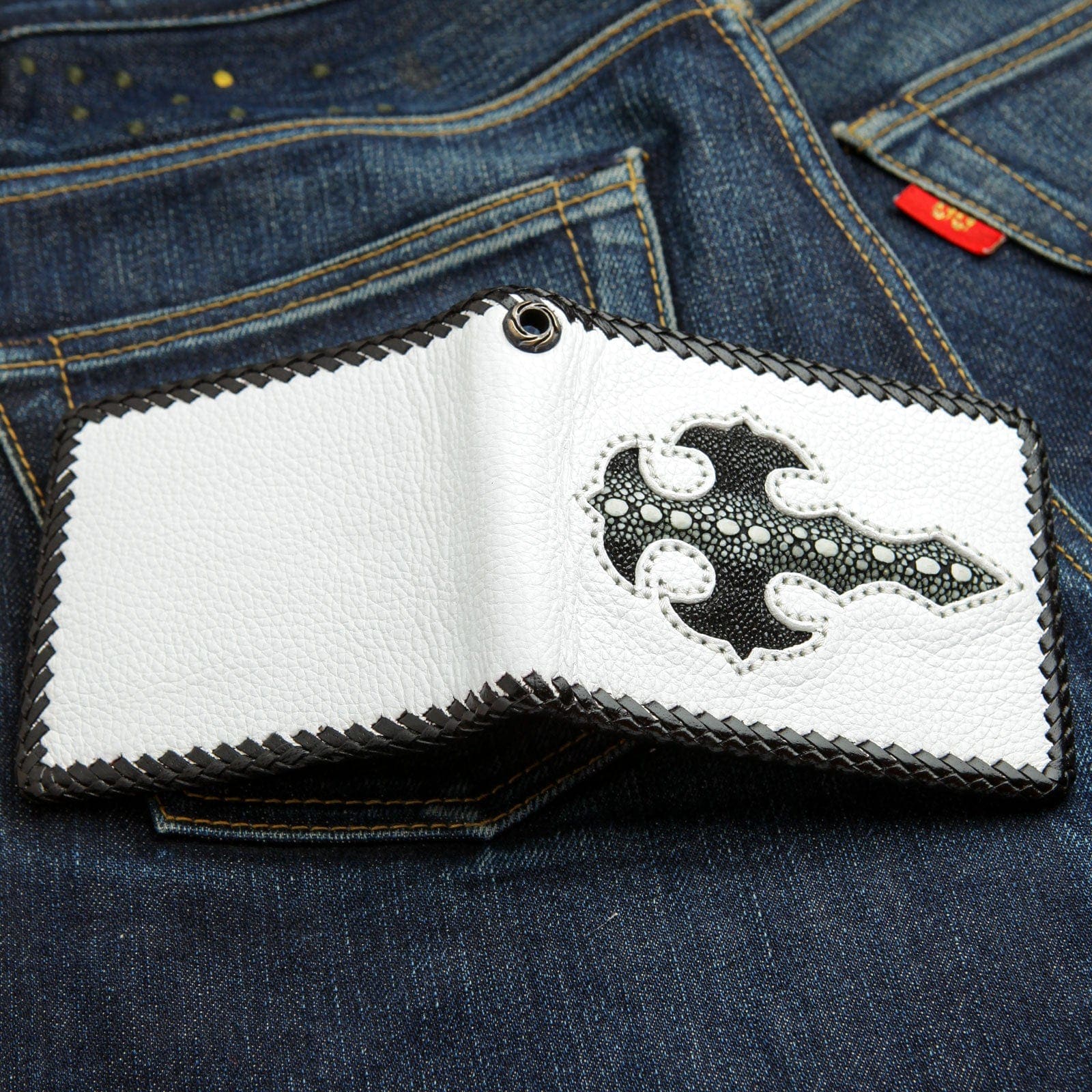 Premium Two-Tone Stingray Leather Men's Bifold Wallet - Slim RFID Blocking Biker Wallet for Motorcycle Riders & Everyday Carry (Perfect Gift for Dad, Husband, Boyfriend)
