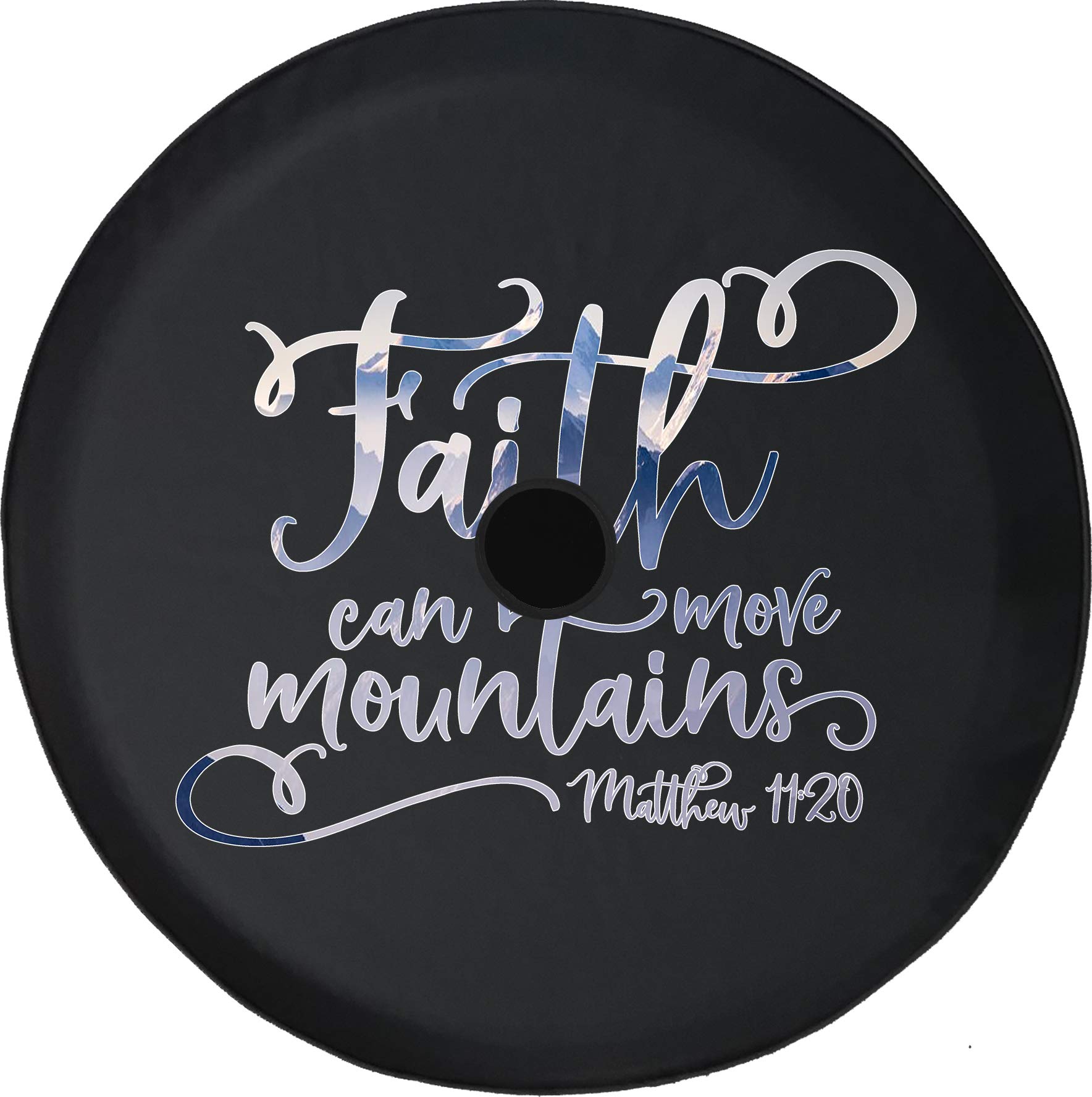 Faith Can Move Mountains Matthew 17:20 Jesus Black 33-Inch SUV Tire Cover with Backup Camera Hole - Durable Wheel Protection for Jeep, Truck & RV - Perfect for Off-Road Adventures & Daily Commutes