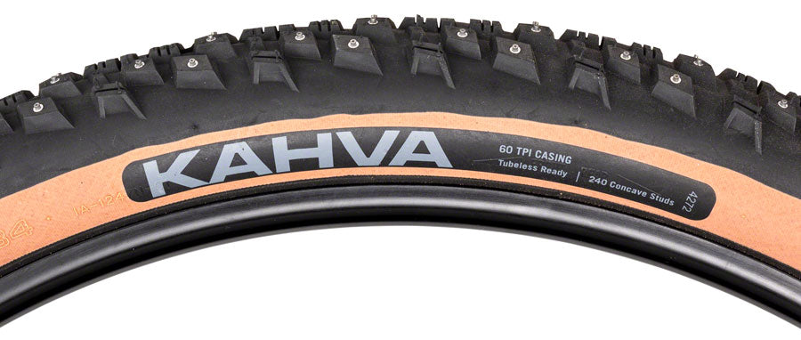 45NRTH Kahva Winter Bike Tire 27.5x2.1 Tubeless Folding Tan 60TPI with 240 Concave Carbide Studs - Perfect for Snow and Ice Cycling, Mountain Biking in Cold Weather