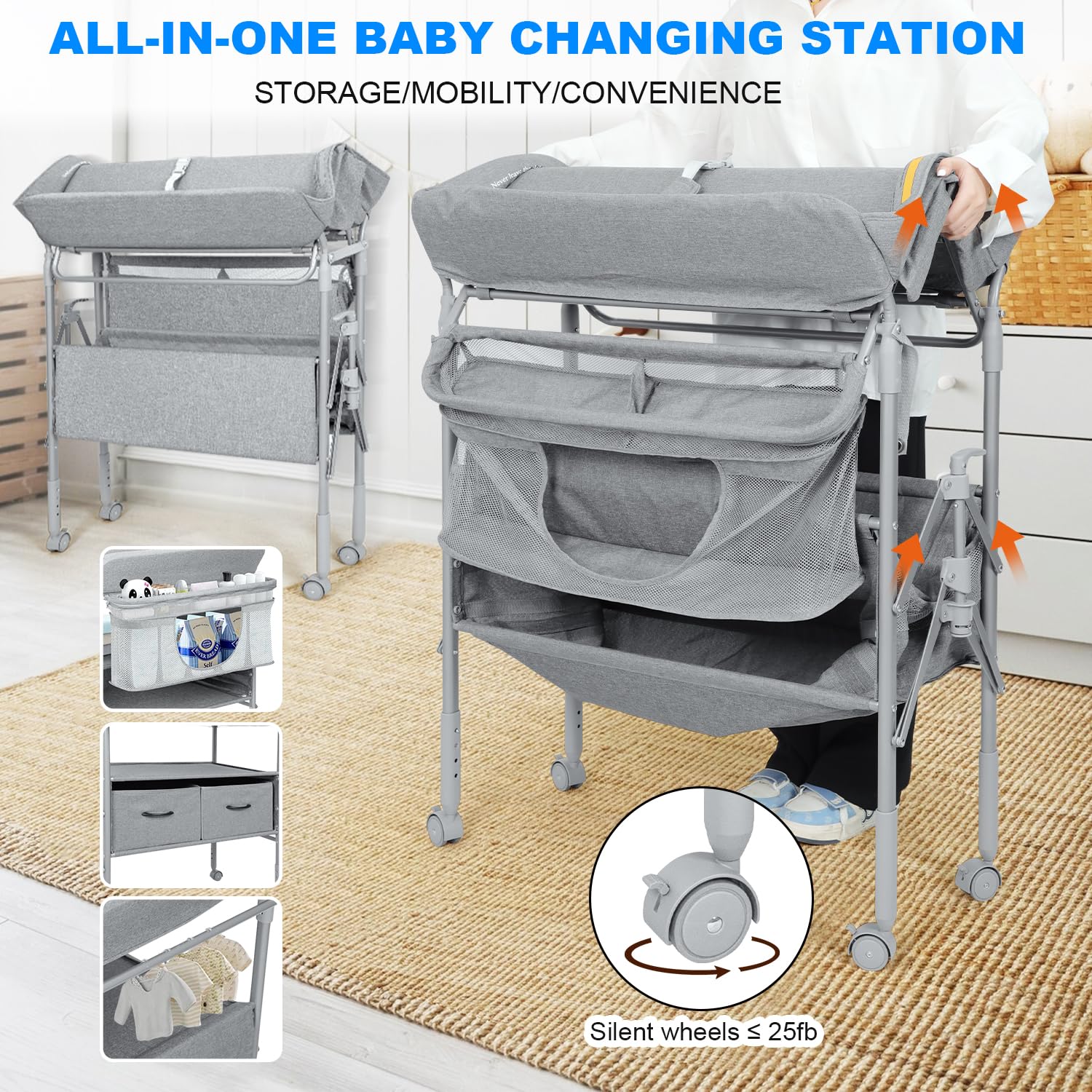Portable Baby Changing Table with 2 Storage Baskets - Adjustable Height Waterproof Diaper Changing Station for Nursery, Travel & Home Use - Folding Mobile Changing Table for Newborns & Infants